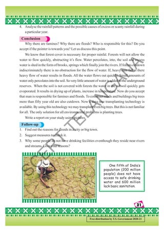 31
31
31
31
31
Free distribution by T.S. Government 2020-21
4. Analyse the rainfall patterns and the possible causes of excess or scanty rainfall during
a particular year.
Conclusion
Why there are famines? Why there are floods? Who is responsible for this? Do you
accept if the pointer is towards you? Let us discuss this point.
We know that forest cover is necessary for proper rainfal. Forests will not allow the
water to flow quickly, abstructing it’s flow. Water percolates, into, the soil and excess
water is shed in the form of brooks, springs which finally join the rivers. If forests cutdown
indiscriminately there is no obstruction for the flow of water. If, heavy rain fall is there
heavy flow of water results in floods. All the water flows out quickly. Small amounts of
water only percolates into the soil. So very little amount of water is added to the underground
reserves. When the soil is not covered with forests the water in the subsoil quickly gets
evoporated. It results in drying up of plants, increase in temperature. Now do you accept
that man is responsible for famines and floods. To construct roads and buildings big trees
more than fifty year old are also cutdown. Now a days tree transplanting technology is
available. By using this technology we may transplant even big trees. But this is not familiar
for all. The only solution for all environmental problems is planting trees.
Write a report on your study using pictures.
Follow-up
1. Find out the reasons for floods in a city or big town.
2. Suggest measures to check it.
3. Why some people do not have drinking fecilities eventhough they reside near rivers
and streams. Give your reasons?
One fifth of India’s
population (200 million
people) does not have
access to safe drinking
water and 600 million
lack basic sanitation.
S
C
E
R
T
T
E
L
A
N
G
A
N
A
 
