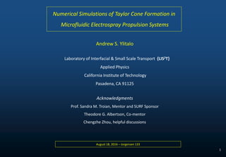 Andrew S. Ylitalo
Laboratory of Interfacial & Small Scale Transport {LIS2T}
Applied Physics
California Institute of Technology
Pasadena, CA 91125
Acknowledgments
Prof. Sandra M. Troian, Mentor and SURF Sponsor
Theodore G. Albertson, Co-mentor
Chengzhe Zhou, helpful discussions
Numerical Simulations of Taylor Cone Formation in
Microfluidic Electrospray Propulsion Systems
August 18, 2016 – Jorgensen 133
1
 