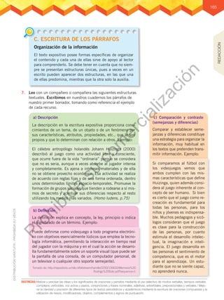 165
7.	 Leo con un compañero o compañera las siguientes estructuras
textuales. Escribimos en nuestros cuadernos los párrafos de
nuestro primer borrador, tomando como referencia el ejemplo
de cada recurso.
C. ESCRITURA DE LOS PÁRRAFOS
Organización de la información
El texto expositivo posee formas específicas de organizar
el contenido y cada una de ellas sirve de apoyo al lector
para comprenderlo. Se debe tener en cuenta que no siem-
pre se presentan estructuras únicas, pues a veces en un
escrito pueden aparecer dos estructuras, en las que una
de ellas predomina, mientras que la otra solo la auxilia.
a) Descripción
La descripción en la escritura expositiva proporciona cono-
cimientos de un tema, de un objeto o de un fenómeno por
sus características, atributos, propiedades, etc., que le son
propios y que lo determinan con relación a otros. Ejemplo:
b) Definición
La definición explica en concepto, la ley, principio o indica
el significado de un término. Ejemplo:
El célebre antropólogo holandés Johann Huizinga (2000)
describió al juego como una actividad libre y consciente,
que ocurre fuera de la vida “ordinaria” porque se considera
que no es seria, aunque a veces absorbe al jugador intensa
y completamente. Es ajena a intereses materiales y de ella
no se obtiene provecho económico. Esa actividad se realiza
de acuerdo con reglas fijas y de una forma ordenada, dentro
unos determinados límites espacio-temporales. Promueve la
formación de grupos sociales que tienden a rodearse a sí mis-
mos de secreto y acentuar sus diferencias respecto al resto
utilizando los medios más variados. (Homo ludens, p.75)
Puede definirse como videojuego a todo programa electróni-
co con objetivos esencialmente lúdicos que emplea la tecno-
logía informática, permitiendo la interacción en tiempo real
del jugador con la máquina y en el cual la acción se desarro-
lla fundamentalmente sobre un soporte visual (que puede ser
la pantalla de una consola, de un computador personal, de
un televisor o cualquier otro soporte semejante).
Tomado de: http://repositorio.uchile.cl/bitstream/handle/2250/135632/Memoria%20
Rodrigo%20Soto.pdf?sequence=1
c) Comparación y contraste
(semejanzas y diferencias)
Comparar y establecer seme-
janzas y diferencias constituye
una estrategia para organizar la
información, muy habitual en
los textos que pretenden trans-
mitir información. Ejemplo:
Si comparamos al fútbol con
los videojuegos vemos que
ambos cumplen con las mis-
mas características que define
Huizinga, quien además consi-
dera al juego inherente al con-
cepto de ser humano. Si bien
es cierto que el juego como re-
creación es fundamental para
todas las personas, para los
niños y jóvenes es indispensa-
ble. Muchos pedagogos y sicó-
logos consideran que el juego
es clave para la construcción
de las personas, por cuanto
estimula el desarrollo intelec-
tual, la imaginación e inteli-
gencia. El juego desarrolla en
las personas el sentimiento de
competencia, que es el motor
para el aprendizaje. Un estu-
diante que no se siente capaz,
no aprenderá nunca.
DESTREZAS:	Matizar y precisar las ideas y los significados de oraciones y párrafos mediante el uso selectivo de modos verbales, tiempos verbales
complejos, verboides, voz activa y pasiva, conjunciones y frases nominales, adjetivas, adverbiales, preposicionales y verbales./ Mejo-
rar la claridad y precisión de diferentes tipos de textos periodísticos y académicos mediante la escritura de oraciones compuestas y la
utilización de nexos, modificadores, objetos, complementos y signos de puntuación.
REDACCIÓN
P
r
o
h
i
b
i
d
a
s
u
c
o
m
e
r
c
i
a
l
i
z
a
c
i
ó
n
 