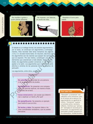 172
4.	 Leo el siguiente cuadro y con base en estas ideas, en mi cua-
derno escribo: Qué no es un debate.
5.	 Leo este texto y lo resumo en mi cuaderno.
No insultar ni gritar a
quien piense diferente.
No imponer, con falacias,
un punto de vista.
Respetar el turno para
hablar.
El debate es un diálogo formal, de carácter argumentativo,
por lo tanto, se construye con argumentos y contraargu-
mentos. Para recordar este tema revisamos las páginas
110 y 111 de este mismo texto. En resumen, decimos que
los argumentos son las razones que apoyan las opiniones
que se exponen. Por ese motivo, constituyen uno de los
elementos que caracterizan a todo debate. Según lo estu-
diado, los argumentos pueden convencer, si son lógicos y
apelan a la razón. Los argumentos que invocan a la parte
afectiva o emotiva de las personas tienen el objetivo de
persuadir.
Los argumentos, entre otros, pueden ser:
De hechos y datos: Se exponen datos o he-
chos considerados verdaderos, que se pueden
demostrar.
De ejemplificación: Se presenta un ejemplo
que ilustra lo que se dice.
De comparación: Se presentar una compara-
ción que permite explicar, de manera simple,
la validez de la tesis.
Causa-consecuencia: Las causas que determi-
nan o explican un hecho ¿Por qué?
De autoridad: La autoridad de una persona
o de un grupo sirve de prueba.
Argumentos
“Persuadir” y convencer” son
utilizados como sinónimos, pero
en el campo de la retórica y la
argumentación no significan lo
mismo. “Convencer” supone
un proceso activo, racional y
reflexivo, mientras que “persua-
dir” reemplaza lo racional por lo
emocional. Los argumentos que
persuaden pueden apoyarse en
los estereotipos, fortaleciéndolos.
Para saber más
DESTREZA:	 Producir discursos que integren una variedad de recursos, formatos y soportes.
CONCEPTUALIZACIÓN
P
r
o
h
i
b
i
d
a
s
u
c
o
m
e
r
c
i
a
l
i
z
a
c
i
ó
n
 