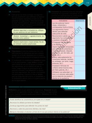 179
DESTREZAS:	Organizar el discurso mediante el uso de las estructuras básicas de la lengua oral, la selección y empleo de vocabulario específico,
acorde con la intencionalidad, en diversos contextos comunicativos formales e informales./ Producir discursos que integren una
variedad de recursos, formatos y soportes..
¿Puedo identificar las características principales de un debate?
¿Reconozco la utilidad que tienen los debates?
¿Construyo argumentos para defender mis puntos de vista?
¿Reconozco y valoro las posiciones distintas a las mías?
¿Manejo la intensidad, el volumen y el tono de mi voz para producir efectos en la audiencia?
Autoevaluación
Reflexiono sobre lo que aprendí en este bloque. Respondo las pre-
guntas con los siguientes criterios: lo hago muy bien, lo hago a veces
y puedo mejorar, necesito ayuda para hacerlo. Converso con mi do-
cente al respecto.
14.	Ensayamos.
•	 Cada grupo se reúne a ensayar los argumen-
tos que presentarán para defender su postura.
Frente al espejo realizamos el ejercicio de
presentar los argumentos, defendiéndolos de
la mejor manera posible. Debemos proyectar
una buena imagen al público y un ambiente de
confianza. Para ello debemos:
16.	Evaluamos las presentaciones de cada grupo
utilizando los siguientes indicadores. En la
columna de observaciones se puede escribir
lo más relevante de cada participante.
15.	Realizamos la presentación.
a.	 Organizamos la sala de manera que los cinco
participantes de cada grupo que van a debatir
queden en el frente, separados por el modera-
dor. El público se ubicará en el espacio restante.
b.	 El moderador o la moderadora presenta el tema
y a los participantes. Luego invita al primer
participante de uno de los grupos a presentar
sus argumentos, en un máximo de tres mi-
nutos. Luego le sigue un participante de la
posición contraria, que deberá dar la réplica,
con otros argumentos. Así, se van intercalando
los participantes. Cuando se abre el debate,
para las preguntas del público, el moderador o
la moderadora deberá conducir la participación
de los espectadores.
Mostrar seguridad y competencia, reflejan-
do que sabemos de qué hablamos.
Mostrar honestidad y agradecimiento de
tenerles como público.
Mostrar objetividad e imparcialidad. No de-
jar entrever nuestra subjetividad.
Indicadores Observación
Las dos posturas fueron
claras, coherentes y
contrapuestas frente al tema.
Los argumentos fueron
válidos para defender
cada punto de vista.
Reconocieron cuándo un
argumento fue contradictorio
y pudieron refutarlo.
El lenguaje fue incluyente
y no sexista.
Usaron conectores temporales
para ordenar las presentacio-
nes (para empezar, después,
finalmente, por otro lado, por
cierto, etc.).
Usaron adecuadamente los
conectores (además, también,
sin embargo, por tanto, luego,
entonces, etc.).
Emplearon fórmulas de
cortesía verbal (buenos días,
por favor, gracias, etc.)
Utilizaron una velocidad, un
tono y un volumen adecuados
con la intención de producir
efectos en la audiencia.
APLICACIÓN
P
r
o
h
i
b
i
d
a
s
u
c
o
m
e
r
c
i
a
l
i
z
a
c
i
ó
n
 