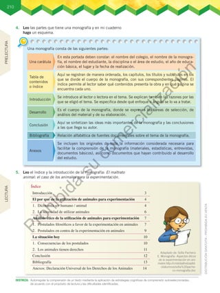 210
4.	 Leo las partes que tiene una monografía y en mi cuaderno
hago un esquema.
5.	 Leo el índice y la introducción de la monografía: El maltrato
animal: el caso de los animales para la experimentación.
Una monografía consta de las siguientes partes:
Índice
Se incluyen los originales de toda la información considerada necesaria para
facilitar la comprensión de la monografía (materiales, estadísticas, entrevistas,
documentos básicos), así como documentos que hayan contribuido al desarrollo
del estudio.
Relación alfabética de fuentes documentales sobre el tema de la monografía.
Aquí se sintetizan las ideas más importantes de la monografía y las conclusiones
a las que llega su autor.
Es el cuerpo de la monografía, donde se expresan las tareas de selección, de
análisis del material y de su elaboración.
Se introduce al lector o lectora en el tema. Se explican también las razones por las
que se eligió el tema. Se especifica desde qué enfoque o ángulo se lo va a tratar.
Aquí se registran de manera ordenada, los capítulos, los títulos y subtítulos en los
que se divide el cuerpo de la monografía, con sus correspondientes páginas. El
índice permite al lector saber qué contenidos presenta la obra y en qué página se
encuentra cada uno.
En esta portada deben constar: el nombre del colegio, el nombre de la monogra-
fía, el nombre del estudiante, la disciplina o el área de estudio, el año de educa-
ción básica, el lugar y la fecha de realización.
Anexos
Bibliografía
Conclusión
Desarrollo
Introducción
Tabla de
contenidos
o índice
Una carátula
DESTREZA:	 Autorregular la comprensión de un texto mediante la aplicación de estrategias cognitivas de comprensión autoseleccionadas,
de acuerdo con el propósito de lectura y las dificultades identificadas.
Introducción 3
El por qué de la utilización de animales para experimentación 4
1.	 Dicotomía ser humano / animal 4
2.	 La necesidad de utilizar animales 6
Análisis ético de la utilización de animales para experimentación 7
1.	 Postulados filosóficos a favor de la experimentación en animales 7
2.	 Postulados en contra de la experimentación en animales 9
La situación hoy 10
1.	 Consecuencias de los postulados 10
2.	 Los animales tienen derechos 11
Conclusión 12
Bibliografía 13
Anexos: Declaración Universal de los Derechos de los Animales 14
Adaptado de: Sofía Pacheco
E. Monografía: Aspectos éticos
de la experimentación en ani-
males.http://cristobalholzapfel.
cl/alumnos/sofia%20pache-
co-monografia.doc
PRELECTURA
LECTURA
P
r
o
h
i
b
i
d
a
s
u
c
o
m
e
r
c
i
a
l
i
z
a
c
i
ó
n
 