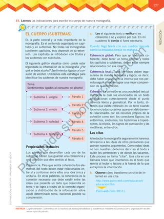 227
DESTREZA: 	Lograr cohesión y coherencia en la escritura de textos periodísticos y académicos mediante la construcción y organización de dife-
rentes tipos de párrafo.
15.	Leemos las indicaciones para escribir el cuerpo de nuestra monografía.
EL CUERPO (SUBTEMAS)
Es la parte central y la más importante de la
monografía. Es el contenido organizado en capí-
tulos y en subtemas. No todas las monografías
contienen capítulos, esto depende de su exten-
sión. Los capítulos se introducen con títulos y
los subtemas con subtítulos.
El siguiente gráfico visualiza cómo puede estar
organizada la información de la monografía ¿Por
qué se bebe alcohol? Sentimientos ligados al con-
sumo de alcohol. Utilizamos esta estrategia para
identificar los subtemas de nuestra monografía
Propiedades textuales
Los párrafos que desarrollan cada uno de los
subtemas tienen que guardar una coherencia y
una cohesión que den sentido al texto.
Coherencia. Para que exista coherencia los ele-
mentos del texto deben estar relacionados en-
tre sí y conformar entre ellos una idea única y
unitaria. En otras palabras, la coherencia es la
conexión necesaria que debe existir entre las
ideas que presenta un texto que desarrolla un
tema y se logra a través de la correcta organi-
zación y distribución de la información sobre
aquél determinado tema, haciendo posible su
comprensión.
a.	 Leo el siguiente texto y verifico si es
coherente o no y explico por qué. En mi
cuaderno lo corrijo si fuera necesario.
Cuando llegó María con sus cuadros después
comió la ensalada porque no mañana.
Coherencia global: Para que un texto sea co-
herente, debe tener un tema central, y todos
los capítulos o subtemas, deben estar siempre
relacionados con esa idea.
Coherencia local: Todas las ideas deben orga-
nizarse de manera ordenada y lógica, es decir,
debe haber una secuencia interna que nos per-
mita seguir el texto y lograr una mejor compren-
sión de la información.
Cohesión: La cohesión es una propiedad textual
mediante la cual los enunciados de un texto
se relacionan correctamente desde el punto
de vista léxico y gramatical. Por lo tanto, di-
remos que existe cohesión en un texto cuando
los enunciados sucesivos aparecen debidamen-
te relacionados por los recursos propios de la
cohesión como son: los conectores lógicos; los
antónimos, sinónimos, los hipónimos e hiperó-
nimos, la elipsis, los signos de puntuación y las
metáforas, entre otros.
Las citas
Al redactar la monografía seguramente haremos
referencia a las ideas de otros pensadores que
apoyan nuestros argumentos. Como estas ideas
no son nuestras, debemos decir en el texto a
quién les pertenecen y de dónde las sacamos.
Este proceso se llama “citar”. Una cita es una
llamada breve que insertamos en el texto que
remite al lector o lectora a la fuente de la que
extrajimos la información.
b.	 Observo cómo transformo un sitio de In-
ternet en una cita:
Tema:
Sentimientos ligados al consumo de alcohol
Subtema 1: alegría
Subtema 2: miedo
Subtema 3: soledad
Subtema 4: tristeza
Párrafo 1
Párrafo 2
Párrafo 4
Párrafo 3
Párrafo 5
Párrafo 6
Psico-web.com (2011).
http://www.psico-web.com/educacion/
educacion.htm
REDACCIÓN
P
r
o
h
i
b
i
d
a
s
u
c
o
m
e
r
c
i
a
l
i
z
a
c
i
ó
n
 