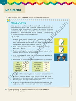 ME EJERCITO
1.	 Leo el siguiente texto y lo comento con mis compañeros y compañeras.
2.	 En la próxima clase de cualquier asignatura o conferencia, pruebo este
sistema de toma de apuntes.
238
TOMAR APUNTES
Tomar apuntes es una herramienta necesaria a la hora de aprender de
una conferencia o de una clase. Es registrar lo esencial de lo que se está
escuchando. Ayuda a comprender, recordar y aprender los contenidos
fundamentales de un tema. Los apuntes deben ser breves, ordenados,
con letra clara y legible para poder estudiar con ellos. El método Cornel
de tomar apuntes es el más sencillo y popular.
Sigo los pasos:
1.	 Antes de tomar apuntes preparo la hoja o el cuaderno en el que
escribiré. Si no tiene un gran margen, lo trazo de una dimensión de
cinco centímetros al lado izquierdo, para anotar cualquier comenta-
rio o pregunta que se me ocurra en el momento.
2.	 En la parte superior de la hoja, anoto, como título, el tema que
escucharé y la fecha.
3.	 Registro solo los puntos sobresalientes de lo que se expone, no los
detalles. Procuro redactar ideas completas.
4.	 Si no entiendo algo de lo que está diciendo, puedo preguntar en el
momento oportuno.
5.	 Puedo crear un sistema de claves o usar algunos de los siguientes:
6.	 Si pierdo el hilo, dejo un espacio en blanco y lo completo más tarde.
7.	 Al finalizar, reviso y completo con la información que faltó anotar.
Es conveniente hacer esta revisión poco tiempo después de haberlos
tomado, ya que todavía puedo recordar las ideas.
8.	 A partir de los apuntes realizo mapas conceptuales para tener una
visión esquemática e interrelacionada de los temas que escuché.
Que q’
porque xq’
Para todo
distinto ≠
velocidad
A
conocimiento conoci#
Por ejemplo Pej
Por lo tanto
mujer
hombre
P
r
o
h
i
b
i
d
a
s
u
c
o
m
e
r
c
i
a
l
i
z
a
c
i
ó
n
 