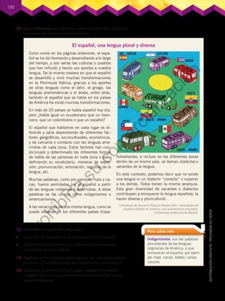 130
11 .	
Leo y reflexiono para aprender sobre la diversidad lingüística
y cultural del mundo hispanohablante.
12.	Contesto las siguientes preguntas:
•	 ¿Qué son los dialectos o las variantes de una lengua?
•	 ¿Cuáles son los factores que determinan los dialectos
o variantes de una lengua?
13.	Explico con mis propias palabras qué son los indigenismos
y escribo 15 ejemplos más de indigenismos que conozco.
14.	Siguiendo el ejemplo de la imagen, escojo otra palabra
y busco todos sus equivalentes para los diferentes países
hispanohablantes.
El español, una lengua plural y diversa
Como vimos en las páginas anteriores, el espa-
ñol se ha ido formando y desarrollando a lo largo
del tiempo, y son varias las culturas o pueblos
que han influido y hecho sus aportes a nuestra
lengua. De la misma manera en que el español
se desarrolló y vivió muchas transformaciones
en la Península Ibérica, gracias a los aportes
de otras lenguas como el latín, el griego, las
lenguas prerrománicas y el árabe, entre otras,
también el español que se habla en los países
de América ha vivido muchas transformaciones.
En más de 20 países se habla español hoy día,
pero ¿habla igual un ecuatoriano que un mexi-
cano, que un colombiano o que un español?
El español que hablamos en cada lugar es di-
ferente y varía dependiendo de diferentes fac-
tores: geográficos, socioculturales, económicos,
y de cercanía o contacto con las lenguas ame-
rindias de cada zona. Estos factores han con-
dicionado y determinado las diferentes formas
de habla de las personas en cada zona o país,
definiendo su vocabulario, maneras de expre-
sión, pronunciación, entonación, registros de la
lengua, etc.
Muchas palabras, como por ejemplo, maíz y ca-
cao, fueron asimiladas por el español a partir
de las lenguas indígenas o amerindias. A estas
palabras se las conoce como indigenismos o
americanismos.
A las variaciones de una misma lengua, como se
puede observar en los diferentes países hispa-
nohablantes, e incluso en las diferentes zonas
dentro de un mismo país, se llaman dialectos o
variantes de la lengua.
En este contexto, podemos decir que no existe
una lengua ni un dialecto “correcto” o superior
a los demás. Todos tienen la misma jerarquía.
Esta gran diversidad de variantes o dialectos
contribuyen a enriquecer la lengua española, la
hacen diversa y pluricultural.
Consultado de Azucena Palacios Alcaíne (S/F). Variedades del
español hablado en América: una aproximación educativa.
Universidad Autónoma de Madrid.
Indigenismos: son las palabras
procedentes de las lenguas
originarias de América, y que
enriquecen el español, por ejem-
plo maíz, cacao, batata, canoa,
caucho.
Para saber más
P
r
o
h
i
b
i
d
a
s
u
c
o
m
e
r
c
i
a
l
i
z
a
c
i
ó
n
 