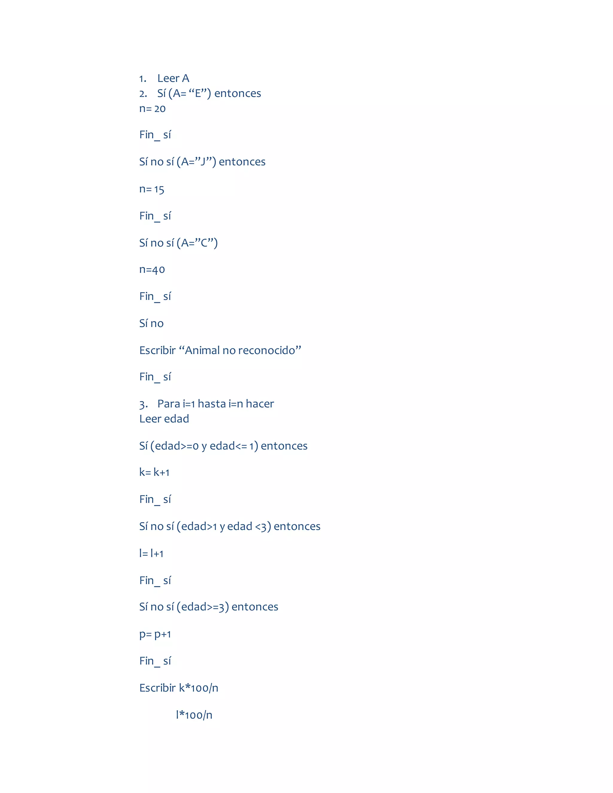 1. Leer A
2. Sí (A= “E”) entonces
n= 20
Fin_ sí
Sí no sí (A=”J”) entonces
n= 15
Fin_ sí
Sí no sí (A=”C”)
n=40
Fin_ sí
Sí no
Escribir “Animal no reconocido”
Fin_ sí
3. Para i=1 hasta i=n hacer
Leer edad
Sí (edad>=0 y edad<= 1) entonces
k= k+1
Fin_ sí
Sí no sí (edad>1 y edad <3) entonces
l= l+1
Fin_ sí
Sí no sí (edad>=3) entonces
p= p+1
Fin_ sí
Escribir k*100/n
l*100/n
 