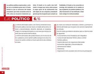DIAGNÓSTICO   Las políticas públicas equivocadas o ruino-        drida. El Estado se ha vuelto más inefi-              finalidades. El Estado se ha convertido en
                                                  sas son un problema grave pero lo funda-           ciente e incapaz que nunca antes porque               enemigo del ciudadano en la medida en
                                                  mental es que la estructura del Estado             la mayor parte de las instituciones han               que el gobierno, los poderes públicos y los
                                                  venezolano, que venía carcomida antes de           sido objeto de una conquista y desolación             altos funcionarios se han dedicado a violar
                                                  1998, ahora se encuentra totalmente po-            general que las incapacita para cumplir sus           todo vestigio de institucionalidad.



                                    EJE POLÍTICO                                                      6/6
                                                             VISIÓN




                                                                                                                                          PROPUESTA
                                                                      La reforma del Estado vuelve a ser el tema central de la trans-                 Se creará una institución destinada a diseñar y promover la
                                                                      formación política nacional. Hacer un Estado democrático, fe-                   reforma del Estado que incorpore a los sectores representati-
                                                                      deral y descentralizado, eficiente, dedicado al ciudadano,                      vos del país.
                                                                      amigo y no enemigo de la gente, es una tarea que está por de-                   Entre las áreas que deberán abordarse para su reforma están
                                                                      lante para las fuerzas democráticas.                                            los siguientes:
                                                                      La reforma del Estado sólo puede hacerse con el concurso de                     - Funcionamiento de la Presidencia de la República
                                                                      los ciudadanos y de la opinión pública porque es la única ma-                   - Fuerza Armada Nacional, PDVSA y Banco Central
                                                                      nera en la cual los cambios se hacen parte de la vida cotidiana                 - Partidos políticos
                                                                      de todos.                                                                       - Sistema electoral y los organismos electorales
                                                                                                                                                      - Autonomías regionales y descentralización
                                                                                                                                                      - Administración Pública
MARÍA CORINA MACHADO | enero 2012




                                                                                                                                                      - Parlamento
                                                                                                                                                      - Organización de la sociedad civil y formas de participación




VENEZUELA 2013-2018



12
 