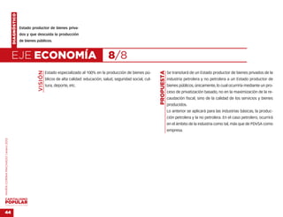 DIAGNÓSTICO


                                                  Estado productor de bienes priva-
                                                  dos y que descuida la producción
                                                  de bienes públicos.



                                    EJE ECONOMÍA                                                            8/8
                                                             VISIÓN




                                                                                                                                         PROPUESTA
                                                                      Estado especializado al 100% en la producción de bienes pú-                    Se transitará de un Estado productor de bienes privados de la
                                                                      blicos de alta calidad: educación, salud, seguridad social, cul-               industria petrolera y no petrolera a un Estado productor de
                                                                      tura, deporte, etc.                                                            bienes públicos, únicamente, lo cual ocurriría mediante un pro-
                                                                                                                                                     ceso de privatización basado, no en la maximización de la re-
                                                                                                                                                     caudación fiscal, sino de la calidad de los servicios y bienes
                                                                                                                                                     producidos.
                                                                                                                                                     Lo anterior se aplicará para las industrias básicas, la produc-
                                                                                                                                                     ción petrolera y la no petrolera. En el caso petrolero, ocurrirá
                                                                                                                                                     en el ámbito de la industria como tal, más que de PDVSA como
                                                                                                                                                     empresa.
MARÍA CORINA MACHADO | enero 2012




VENEZUELA 2013-2018



44
 