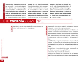 DIAGNÓSTICO   Venezuela tiene importantes reservas de           actual es de 6.905 MMPCD (millones de                   que podría exportarse. Los planes de des-
                                                  gas. De acuerdo a la información disponi-         pies cúbicos por día); el 76,3% del gas pro-            arrollo están desfasados. CORPOELEC, al
                                                  ble, el 85,55% de estas reservas son de gas       ducido lo consume la industria petrolera, y             igual que PDVSA, está partidizada y re-
                                                  asociado al petróleo, lo cual implica que su      del restante 23,7%, un 8,3% va a la genera-             quiere mayores inversiones. Las tarifas de
                                                  producción depende de la cantidad de pe-          ción de electricidad y solo un 1,6% a uso do-           gas tienen un alto subsidio. Los planes de
                                                  tróleo que se extraiga; solo un 14,5% es gas      méstico. Existe un déficit de 2.200 MMPCD               gas para vehículos están muy atrasados y
                                                  libre. De este último porcentaje, el 12,3%        de gas, por lo que las plantas eléctricas de-           no tendrán éxito mientras la gasolina ten-
                                                  son reservas costa afuera. La producción          ben ser alimentadas con diesel y gasoil                 ga un precio tan bajo.



                                    EJE ENERGÍA - GAS                                                                    1/1…
                                                             VISIÓN




                                                                                                                                           PROPUESTA
                                                                      Una industria del gas desarrollada a plena capacidad para sa-                    Se acelerarán los proyectos de gas, lo cual requerirá elevadas
                                                                      tisfacer la demanda interna y para exportar.                                     inversiones y atraerá más empresas privadas.
                                                                                                                                                       Se eliminarán gradualmente los subsidios y se educará e in-
                                                                                                                                                       formará a la población sobre la realidad de la crisis energética.
                                                                                                                                                       Se acometerá un programa extraordinario de mantenimiento
                                                                                                                                                       de la infraestructura de gas con el objeto de adecuarla para
                                                                                                                                                       manejar mayores volúmenes o de llevarla a su capacidad ori-
                                                                                                                                                       ginal.
MARÍA CORINA MACHADO | enero 2012




                                                                                                                                                       Se establecerá un programa (jerarquización) de producción de
                                                                                                                                                       pozos de mayor relación gas-petróleo (RGP) con el objeto de
                                                                                                                                                       incrementar la producción de gas, sin menoscabo de la de pe-
                                                                                                                                                       tróleo.
                                                                                                                                                       Se maximizará, al límite técnico permisible, la producción de
                                                                                                                                                       gas libre en los campos Anaco y Yucal Placer.
                                                                                                                                                       Se disminuirá el gas arrojado a la atmósfera.
                                                                                                                                                       Se negociará la extensión del suministro de gas de Colombia.
                                                                                                                                                       Se jerarquizará técnica y económicamente la disponibilidad de
                                                                                                                                             …




VENEZUELA 2013-2018



54
 