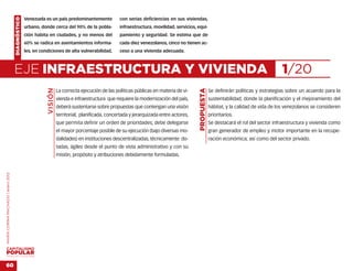 DIAGNÓSTICO   Venezuela es un país predominantemente             con serias deficiencias en sus viviendas,
                                                  urbano, donde cerca del 90% de la pobla-           infraestructura, movilidad, servicios, equi-
                                                  ción habita en ciudades, y no menos del            pamiento y seguridad. Se estima que de
                                                  60% se radica en asentamientos informa-            cada diez venezolanos, cinco no tienen ac-
                                                  les, en condiciones de alta vulnerabilidad,        ceso a una vivienda adecuada.



                                    EJE INFRAESTRUCTURA Y VIVIENDA                                                                                                                         1/20
                                                             VISIÓN




                                                                                                                                             PROPUESTA
                                                                      La correcta ejecución de las políticas públicas en materia de vi-                  Se definirán políticas y estrategias sobre un acuerdo para la
                                                                      vienda e infraestructura que requiere la modernización del país,                   sustentabilidad; donde la planificación y el mejoramiento del
                                                                      deberá sustentarse sobre propuestas que contengan una visión                       hábitat, y la calidad de vida de los venezolanos se consideren
                                                                      territorial; planificada, concertada y jerarquizada entre actores,                 prioritarios.
                                                                      que permita definir un orden de prioridades; debe delegarse                        Se destacará el rol del sector infraestructura y vivienda como
                                                                      el mayor porcentaje posible de su ejecución (bajo diversas mo-                     gran generador de empleo y motor importante en la recupe-
                                                                      dalidades) en instituciones descentralizadas, técnicamente do-                     ración económica; así como del sector privado.
                                                                      tadas, ágiles desde el punto de vista administrativo y con su
                                                                      misión, propósito y atribuciones debidamente formuladas.
MARÍA CORINA MACHADO | enero 2012




VENEZUELA 2013-2018



60
 