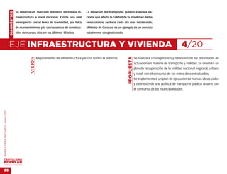DIAGNÓSTICO   Se observa un marcado deterioro de toda la in-         La situación del transporte público a escala na-
                                                  fraestructura a nivel nacional. Existe una real        cional que afecta la calidad de la movilidad de los
                                                  emergencia con el tema de la vialidad, por falta       venezolanos, se hace cada día mas intolerable;
                                                  de mantenimiento y la casi ausencia de construc-       el Metro de Caracas, es un ejemplo de un servicio
                                                  ción de nuevas vías en los últimos 13 años.            totalmente congestionado.



                                    EJE INFRAESTRUCTURA Y VIVIENDA                                                                                                                     4/20
                                                             VISIÓN




                                                                                                                                         PROPUESTA
                                                                      Mejoramiento de infraestructura y lucha contra la pobreza.                     Se realizará un diagnóstico y definición de las prioridades de
                                                                                                                                                     actuación en materia de transporte y vialidad. Se diseñará un
                                                                                                                                                     plan de recuperación de la vialidad nacional: regional, urbana
                                                                                                                                                     y rural, con el concurso de los entes descentralizados.
                                                                                                                                                     Se Implementará un plan de ejecución de nuevas obras viales
                                                                                                                                                     y definición de una política de transporte público urbano con
                                                                                                                                                     el concurso de las municipalidades.
MARÍA CORINA MACHADO | enero 2012




VENEZUELA 2013-2018



63
 