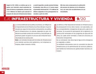 DIAGNÓSTICO   Según la CVC (2004), se estima que se re-             y social requerida a escala nacional (incluye          Ello trae como consecuencia, la aceleración
                                                  quiere una inversión anual sostenida du-              la vivienda). Esta cifra es 2,72 veces mayor           del proceso de deterioro de la infraestruc-
                                                  rante al menos un quinquenio, cercana a los           al promedio interanual de 2.779 millones de            tura, así como del recrudecimiento de sus
                                                  7.573 millones de dólares para ejecutar el            dólares asignados en los presupuestos na-              necesidades.
                                                  conjunto de obras de infraestructura básica           cionales a partir de 2003.



                                    EJE INFRAESTRUCTURA Y VIVIENDA                                                                                                                          9/20
                                                             VISIÓN




                                                                                                                                             PROPUESTA
                                                                      La correcta definición de la política económica, se reflejará en                   Se definirá un Plan Nacional de Inversión en Infraestructura y
                                                                      el mejoramiento de la infraestructura física del país. El que Ve-                  de jerarquización de las obras nuevas a ser ejecutadas, con
                                                                      nezuela sea capaz de instrumentar exitosamente una política                        sus correspondientes cronogramas de ejecución y plan de in-
                                                                      para la infraestructura y la vivienda, dependerá en gran me-                       versiones. Se recuerará la participación de la ingeniería y la
                                                                      dida de la acertada conducción económica y fiscal del país. Es                     construcción venezolana en los programas de ejecución de
                                                                      perentorio poder recuperar el concurso de la industrial nacio-                     obras, los cuales serán normados a través de concursos y/o
                                                                      nal privada de la construcción.                                                    licitaciones transparentes.
                                                                      Nota: Los contratos de ejecución de obras de infraestructura                       No se contratarán más obras bajo la figura de la emergencia
                                                                      y de vivienda suscritos entre gobiernos y con empresas ex-                         y/o asignadas «a dedo».
                                                                      tranjeras, deben revisarse a fondo.                                                Se estudiarán instrumentos como la «concesión de obras de
                                                                                                                                                         infraestructura y/o la administración de servicios públicos»,
MARÍA CORINA MACHADO | enero 2012




                                                                                                                                                         para facilitar las inversiones de capital privado nacional y ex-
                                                                                                                                                         tranjero.




VENEZUELA 2013-2018



68
 