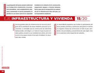 DIAGNÓSTICO   La participación del sector privado tradicional       instalada de la industria de la construcción,
                                                  en el campo de la construcción y la promo-            maquinarias, equipos y recursos humanos,
                                                  ción inmobiliaria, está completamente redu-           factor clave para la recuperación de condicio-
                                                  cida y cuestionada, lo cual ha contribuido a la       nes de la infraestructura física del país y su
                                                  pérdida de una buena parte de la capacidad            correspondiente ampliación.



                                    EJE INFRAESTRUCTURA Y VIVIENDA                                                                                                                        15/20
                                                             VISIÓN




                                                                                                                                           PROPUESTA
                                                                      Para las grandes obras de infraestructura se recurrirá a las fi-                 Se desarrollarán programas que faciliten la participación del
                                                                      guras de la contratación de obras mediante concursos y/o li-                     sector privado, promotor y constructor, para poner en marcha
                                                                      citaciones. Lo deseable para la construcción de soluciones                       un programa masivo de construcción en todo el país, aten-
                                                                      habitacionales, sería llegar a un nivel en el que el sector pri-                 diendo a las prioridades y características de cada región. Este
                                                                      vado pudiese proveer la casi totalidad de la oferta, tal como                    no se sustentará sobre esquemas de subsidios.
                                                                      ocurre en los países donde el mercado inmobiliario ha alcan-
                                                                      zado altos niveles.
MARÍA CORINA MACHADO | enero 2012




VENEZUELA 2013-2018



74
 