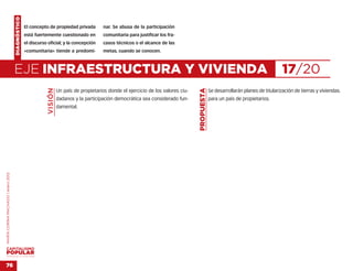 DIAGNÓSTICO
                                                  El concepto de propiedad privada          nar. Se abusa de la participación
                                                  está fuertemente cuestionado en           comunitaria para justificar los fra-
                                                  el discurso oficial; y la concepción      casos técnicos o el alcance de las
                                                  «comunitaria» tiende a predomi-           metas, cuando se conocen.



                                    EJE INFRAESTRUCTURA Y VIVIENDA                                                                                                                     17/20
                                                             VISIÓN




                                                                                                                                       PROPUESTA
                                                                      Un país de propietarios donde el ejercicio de los valores ciu-               Se desarrollarán planes de titularización de tierras y viviendas.
                                                                      dadanos y la participación democrática sea considerado fun-                  para un país de propietarios.
                                                                      damental.
MARÍA CORINA MACHADO | enero 2012




VENEZUELA 2013-2018



76
 