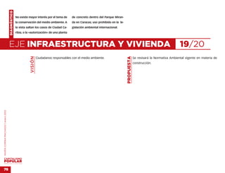 DIAGNÓSTICO
                                                  No existe mayor interés por el tema de      de concreto dentro del Parque Miran-
                                                  la conservación del medio ambiente. A       da en Caracas; uso prohibido en la le-
                                                  la vista saltan los casos de Ciudad Ca-     gislación ambiental internacional.
                                                  ribia, o la «autorización» de una planta



                                    EJE INFRAESTRUCTURA Y VIVIENDA                                                                                                                19/20
                                                             VISIÓN




                                                                                                                                       PROPUESTA
                                                                      Ciudadanos responsables con el medio ambiente.                               Se revisará la Normativa Ambiental vigente en materia de
                                                                                                                                                   construcción.
MARÍA CORINA MACHADO | enero 2012




VENEZUELA 2013-2018



78
 