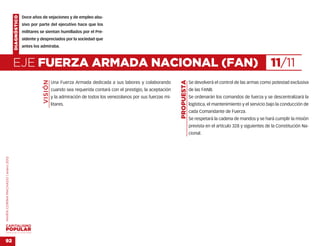 DIAGNÓSTICO   Doce años de vejaciones y de empleo abu-
                                                  sivo por parte del ejecutivo hace que los
                                                  militares se sientan humillados por el Pre-
                                                  sidente y despreciados por la sociedad que
                                                  antes los admiraba.



                                    EJE FUERZA ARMADA NACIONAL (FAN)                                                                                                                        11/11
                                                             VISIÓN




                                                                                                                                     PROPUESTA
                                                                      Una Fuerza Armada dedicada a sus labores y colaborando                     Se devolverá el control de las armas como potestad exclusiva
                                                                      cuando sea requerida contará con el prestigio, la aceptación               de las FANB.
                                                                      y la admiración de todos los venezolanos por sus fuerzas mi-               Se ordenarán los comandos de fuerza y se descentralizará la
                                                                      litares.                                                                   logística, el mantenimiento y el servicio bajo la conducción de
                                                                                                                                                 cada Comandante de Fuerza.
                                                                                                                                                 Se respetará la cadena de mandos y se hará cumplir la misión
                                                                                                                                                 prevista en el artículo 328 y siguientes de la Constitución Na-
                                                                                                                                                 cional.
MARÍA CORINA MACHADO | enero 2012




VENEZUELA 2013-2018



92
 