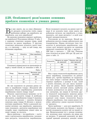 Тема7.Ринковевирішенняосновнихпроблемекономіки
113
В
и вже знаєте, що за умов обмежено­
сті ресурсів суспільство стоїть перед
проблемою вибору: що виробляти, як
виробляти, для кого виробляти?
Як ринкова економіка вирішує проблему,
що виробляти? Розглянемо таблиці. У табл. 1
у  першому стовпчику названо товар, який
постачає на ринок виробник. У  другому
стовпчику визначено кількість цього това­
ру, а  в  третьому  — ціну за цей товар, яку
встановив виробник.
Табл. 1
Товар Кількість Ціна виробника
А 5 15
В 10 10
C 15 5
Споживачі відреагували на пропозицію то­
варів у  такий спосіб, як показано в  табл.  2.
Табл. 2
Товар Продано товару
Фактична ціна
реалізації
A 5 20
B 10 10
C 10 5
Як має відповісти на реакцію ринку ко­
жен із виробників товару: збільшити або
зменшити обсяги виробництва; розпочати
виробництво іншого товару тощо?
Покупці «проголосували грошима» за то­
вар A, тому кількість товару A  необхідно
збільшити, а виробництво товару C відповід­
но до попиту покупців — знизити. Інтереси
покупців щодо товару B  збіглися з  можли­
востями виробників. Тобто в ринковій еко­
номіці питання «що виробляти» вирішують
саме споживачі, диктуючи виробникам свої
потреби через сприймання певної ціни на
певні товари чи послуги.
Друга проблема — як виробляти — пов’я­
зана з організацією виробництва, поєднан­
ням ресурсів, технологією виробництва.
Коли споживачі купують на ринку одні то­
вари й  не купують інші, вони дають ви­
робникам сигнали, що виробляти, а  отже,
вказують, які види ресурсів і  в  якій ком­
бінації використовувати.
Розглянемо це на прикладі. Нехай ви­
робництво якогось товару забезпечують три
підприємства. Перше застосовує таку тех­
нологію й  організацію виробництва, уна­
слідок якої витрати ресурсів на одиницю
продукції становлять 80  грн; у  другого  —
100  грн; у  третього  — 120  грн. Ринкова
ціна склалася на рівні 105 грн. Ці дані по­
дано в  табл.  3.
Табл. 3
Технологія
Витрати на одини­
цю продукції
Ринкова ціна оди­
ниці продукції
1 80 105
2 100 105
3 120 105
Яка з трьох технологій виробництва дасть
змогу виробнику залишитися на ринку?
Певна річ, третій виробник не відшкодо­
вує своїх витрат і матиме збитки. Другий
отримує прибуток у  розмірі 5  грн, який
є  досить низьким, але дає змогу залиши­
тися на ринку. Лише перший виробник
матиме досить високий рівень прибутку
й також залишається на ринку. Отже, ри­
нок засвідчив, що перша й  частково дру­
га технології відповідають вимогам ринку
та споживачів. При високому рівні кон­
куренції саме першу технологію будуть
обирати виробники, тим самим ринок сти­
хійно забезпечує умови науково-технічно­
го прогресу.
Третя проблема — для кого виробляти. Її
розв’язання залежить від бажань і  можли­
востей споживачів купити той чи інший то­
вар. Визначальними тут є  доходи спожива­
чів, величина яких залежить від рівня цін
на ресурси. У  ринковій економіці діє фак­
торний принцип розподілу доходів: кожен
§ 29. Особливості розв’язання основних
проблем економіки в  умовах ринку
Право для безоплатного розміщення підручника в мережі Інтернет має
Міністерство освіти і науки України http://mon.gov.ua/ та Інститут модернізації змісту освіти https://imzo.gov.ua
 