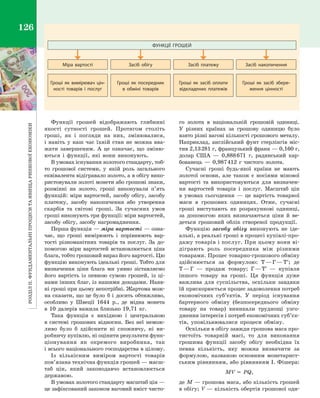 РозділІІ.Фундаментальніпроцеситаявищаринковоїекономіки126
Функції грошей відображають глибинні
якості сутності грошей. Протягом століть
гроші, як і  погляди на них, змінювалися,
і навіть у наш час їхній стан не можна вва­
жати завершеним. А  це означає, що зміню­
ються і  функції, які вони виконують.
В умовах існування золотого стандарту, тоб­
то грошової системи, у  якій роль загального
еквівалента відігравало золото, а в обігу вико­
ристовували золоті монети або грошові знаки,
розмінні на золото, гроші виконували п’ять
функцій: міри вартостей, засобу обігу, засобу
платежу, засобу накопичення або утворення
скарбів та світові гроші. За  сучасних умов
гроші виконують три функції: міри вартостей,
засобу обігу, засобу нагромадження.
Перша функція — міра вартості — озна­
чає, що гроші вимірюють і  порівнюють вар­
тості різноманітних товарів та послуг. За до­
помогою міри вартостей встановлюється ціна
блага, тобто грошовий вираз його вартості. Цю
функцію виконують ідеальні гроші. Тобто для
визначення ціни блага ми уявно зіставляємо
його вартість із певною сумою грошей, із ці­
нами інших благ, із нашими доходами. Наяв­
ні гроші при цьому непотрібні. Жартома мож­
на сказати, що це було  б і  досить обтяжливо,
особливо у  Швеції 1644  р., де мідна монета
в  10  далерів важила близько 19,71  кг.
Така функція є  вихідною і  центральною
в  системі грошових відносин. Без неї немож­
ливо було  б здійснити ні споживчу, ні ви­
робничу купівлю, ні оцінити результати функ­
ціонування як окремого виробника, так
і всього національного господарства в цілому.
Із кількісним виміром вартості товарів
пов’язана технічна функція грошей — масш­
таб цін, який законодавчо встановлюється
державою.
В умовах золотого стандарту масштаб цін —
це зафіксований законом ваговий вміст чисто­
го золота в  національній грошовій одиниці.
У  різних країнах за грошову одиницю було
взято різні вагові кількості грошового металу.
Наприклад, англійський фунт стерлінгів міс­
тив 2,13 281 г, французький франк — 0,160 г,
долар США  — 0,888 671  г, радянський кар­
бованець  — 0,987 412  г  чистого золота.
Сучасні гроші будь-якої країни не мають
золотої основи, але також є  носіями мінової
вартості та використовуються для визначен­
ня вартостей товарів і  послуг. Масштаб цін
в  умовах сьогодення  — це вартість товарної
маси в  грошових одиницях. Отже, сучасні
гроші виступають як розрахункові одиниці,
за допомогою яких визначаються ціни й  ве­
деться грошовий облік створеної продукції.
Функцію засобу обігу виконують не іде­
альні, а реальні гроші в процесі купівлі-про­
дажу товарів і послуг. При цьому вони ві­
діграють роль посередника між різними
товарами. Процес товарно-грошового обміну
здійснюється за формулою: Т — Г — Т′; де
Т — Г  — продаж товару; Г — Т′  — купівля
іншого товару на гроші. Ця функція дуже
важлива для суспільства, оскільки завдяки
їй прискорюється процес задоволення потреб
економічних суб’єктів. У  період існування
бартерного обміну (безпосереднього обміну
товару на товар) виникали труднощі узго­
дження інтересів і потреб економічних суб’єк­
тів, уповільнювалися процеси обміну.
Оскільки в обігу завжди грошова маса про­
тистоїть товарній масі, то для виконання
грошима функції засобу обігу необхідна їх
певна кількість, яку можна визначити за
формулою, названою основним монетарист­
ським рівнянням, або рівнянням І. Фішера:
MV  =  PQ,
де M — грошова маса, або кількість грошей
в обігу; V — кількість обертів грошової оди­
ФУНКЦІЇ ГРОШЕЙ
Міра вартості Засіб обігу Засіб платежу Засіб накопичення
Гроші як засіб оплати
відкладених платежів
Гроші як засіб збере-
ження цінності
Гроші як посередник
в  обміні товарів
Гроші як вимірювач цін-
ності товарів і  послуг
Право для безоплатного розміщення підручника в мережі Інтернет має
Міністерство освіти і науки України http://mon.gov.ua/ та Інститут модернізації змісту освіти https://imzo.gov.ua
 