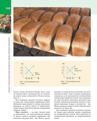 РозділІІ.Фундаментальніпроцеситаявищаринковоїекономіки158
будуть готові заплатити більшу ціну, тому
на певний обсяг пропозиції QS на тіньово­
му ринку може встановитися більш висока
ціна PT.
Для ліквідації ситуації штучного дефіци­
ту уряд має стимулювати виробників (тобто
збільшити пропозицію) із метою досягнення
рівноваги за певною ціною. У  короткостро­
ковий період може бути введено нормування
продажу товару.
Ціни «підлоги»  — це ціни, свідомо вищі
за рівноважну, які встановлюються урядом
із метою захисту інтересів виробників або
власників ресурсів (мал. 13). Ціни в  цьому
випадку не можуть бути нижчими від вста­
новленого рівня. Така ситуація характерна,
наприклад, для законодавчого встановлення
мінімальної заробітної плати. Тут підвищен­
ня ціни викликає зростання величини про­
позиції, зменшення величини попиту та ство­
рення надлишку товару в  розмірі QS  –  QD.
Обсяги продажу товару в цьому випадку змен­
шуються до рівня QD.
Для ліквідації ситуації штучного надлиш­
ку товару уряд здійснює заходи, спрямовані
на стимулювання попиту, його зростання та
встановлення рівноваги за запропонованою
ціною.
Мал. 12. Встановлення ціни
«стелі»
Q
P1
D
S
P0
Q0
PT
QS QD
P
Ціна
«стелі»
Q
P1
D
S
P0
Q0
PT
QD QS
P
Ціна
«підлоги»
Мал. 13. Встановлення ціни
«підлоги»
Право для безоплатного розміщення підручника в мережі Інтернет має
Міністерство освіти і науки України http://mon.gov.ua/ та Інститут модернізації змісту освіти https://imzo.gov.ua
 