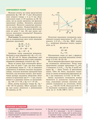 Тема9.Основніпараметриринку
159НАВЧАЄМОСЯ РАЗОМ
Функція попиту на товар представлена
рівнянням QD = 30 – 2P. У  разі збільшення
ціни певного товару з  4 до 8  грн обсяг
пропозиції виріс із 10 одиниць до 26. Ві­
домо, що на цьому проміжку цін функція
пропозиції лінійна. Запишіть рівняння
пропозиції. Визначте параметри рівнова­
ги на цьому ринку. Охарактеризуйте на­
слідки встановлення на ринку фіксованої
ціни на рівні 7  грн. Як при цьому змі­
няться надлишки споживачів? Покажіть
ситуацію графічно.
Розв’язання. За допомогою формули пря­
мої за координатами двох точок запишемо
рівняння пропозиції:
Q P−
−
−
−
=
10
26 10
4
8 4
;
Q  –  10  =  4(P  –  4);
QS  =  4P  –  6.
Знайдемо тепер параметри рівноваги.
Оскільки в точці рівноваги QD = QS, а PD = PS,
то 30 – 2P = 4P – 6. Звідси рівноважна ціна
PE = 6. Підставивши цю ціну в одне з рівнянь,
отримаємо рівноважну кількість QЕ = 18.
Якщо на ринку буде встановлено фіксо­
вану ціну на рівні 7  грн, яка буде вищою
за рівноважну (адже PE  =  6), то рівновага
порушиться й виникне ситуація надлишку
товару, оскільки величина пропозиції буде
більшою, ніж величина попиту. Для визна­
чення розміру надлишку обчислимо обсяг
попиту й пропозиції при P = 7 грн, підста­
вивши її в рівняння попиту та пропозиції:
QD = 30 – 2 · 7 = 16, а  QS = 4 · 7 – 6 = 22.
Отже, розмір надлишку товару QS – QD =
= 22 – 16 = 6  одиниць. Обсяг продажу това­
ру при цьому знизиться з  рівноважних
18  одиниць до 16.
Pmax =15
0
2 18
16 22
Q
E D
A
S
P
PE =6
PФ =7
Початкові надлишки споживачів пред­
ставлені площею трикутника PmaxEPE і ста­
новлять 1/2 · (Pmax – PE) · QE. Щоб знайти
Pmax, необхідно рівняння попиту прирів­
няти до 0:
30 – 2P = 0
2P = 30
Pmax = 15
Підставляємо тепер усі дані у  формулу
та визначаємо початкові надлишки спожи­
вачів 1/2 · (15 – 6) · 18 = 81.
Після введення фіксованої ціни надлиш­
ки споживачів зменшилися. Тепер вони
представлені площею трикутника PmaxAPФ
і становлять 1/2 · (Pmax – PФ) · QФ. У цьому ви­
падку QФ  — обсяг попиту за фіксованою
ціною, тобто 16. Отже, надлишки спожи­
вачів за умови встановлення фіксованої ці­
ни 7  грн становлять 1/2 · (15 – 7) · 16 = 64.
Зміни надлишків споживачів можна
визначити за допомогою індексного ме­
тоду, поділивши поточне значення над­
лишків споживачів на початкове. Отже,
Iнадл. спож. = 64 : 81 = 0,79. Оскільки 0,79  1,
то надлишки споживача дійсно зменши­
лися на (1 – 0,79) · 100 % = 21 %.
ЗАПИТАННЯ ТА ЗАВДАННЯ
1.	 Обґрунтуйте необхідність державного втручання
в  ціноутворення.
2.	 Наведіть приклади державного регулювання цін.
3.	 Охарактеризуйте наслідки встановлення «цін сте-
лі» і  «цін підлоги».
4.	 Функція попиту на товар представлена рівнянням
QD = 50 – 2P, а  пропозиції  — QS = 3P – 5. Визначте,
якою має бути ціна товару, щоб на ринку виник:
1) надлишок товару у розмірі 5 одиниць; 2) дефі-
цит товару в  розмірі 10  одиниць.
Право для безоплатного розміщення підручника в мережі Інтернет має
Міністерство освіти і науки України http://mon.gov.ua/ та Інститут модернізації змісту освіти https://imzo.gov.ua
 