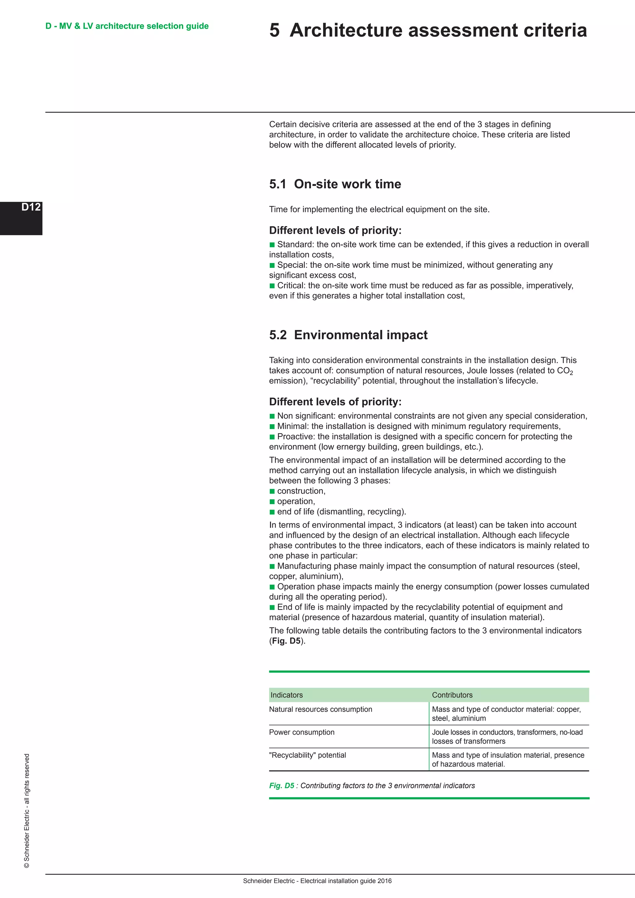 Schneider Electric - Electrical installation guide 2016
D - MV  LV architecture selection guide
D12
©SchneiderElectric-allrightsreserved D - MV  LV architecture selection guide
5 Architecture assessment criteria
Certain decisive criteria are assessed at the end of the 3 stages in defining
architecture, in order to validate the architecture choice. These criteria are listed
below with the different allocated levels of priority.
5.1 On-site work time
Time for implementing the electrical equipment on the site.
Different levels of priority:
b Standard: the on-site work time can be extended, if this gives a reduction in overall
installation costs,
b Special: the on-site work time must be minimized, without generating any
significant excess cost,
b Critical: the on-site work time must be reduced as far as possible, imperatively,
even if this generates a higher total installation cost,
5.2 Environmental impact
Taking into consideration environmental constraints in the installation design. This
takes account of: consumption of natural resources, Joule losses (related to CO2
emission), “recyclability” potential, throughout the installation’s lifecycle.
Different levels of priority:
b Non significant: environmental constraints are not given any special consideration,
b Minimal: the installation is designed with minimum regulatory requirements,
b Proactive: the installation is designed with a specific concern for protecting the
environment (low ernergy building, green buildings, etc.).
The environmental impact of an installation will be determined according to the
method carrying out an installation lifecycle analysis, in which we distinguish
between the following 3 phases:
b construction,
b operation,
b end of life (dismantling, recycling).
In terms of environmental impact, 3 indicators (at least) can be taken into account
and influenced by the design of an electrical installation. Although each lifecycle
phase contributes to the three indicators, each of these indicators is mainly related to
one phase in particular:
b Manufacturing phase mainly impact the consumption of natural resources (steel,
copper, aluminium),
b Operation phase impacts mainly the energy consumption (power losses cumulated
during all the operating period).
b End of life is mainly impacted by the recyclability potential of equipment and
material (presence of hazardous material, quantity of insulation material).
The following table details the contributing factors to the 3 environmental indicators
(Fig. D5).
Indicators Contributors
Natural resources consumption Mass and type of conductor material: copper,
steel, aluminium
Power consumption Joule losses in conductors, transformers, no-load
losses of transformers
Recyclability potential Mass and type of insulation material, presence
of hazardous material.
Fig. D5 : Contributing factors to the 3 environmental indicators
 
