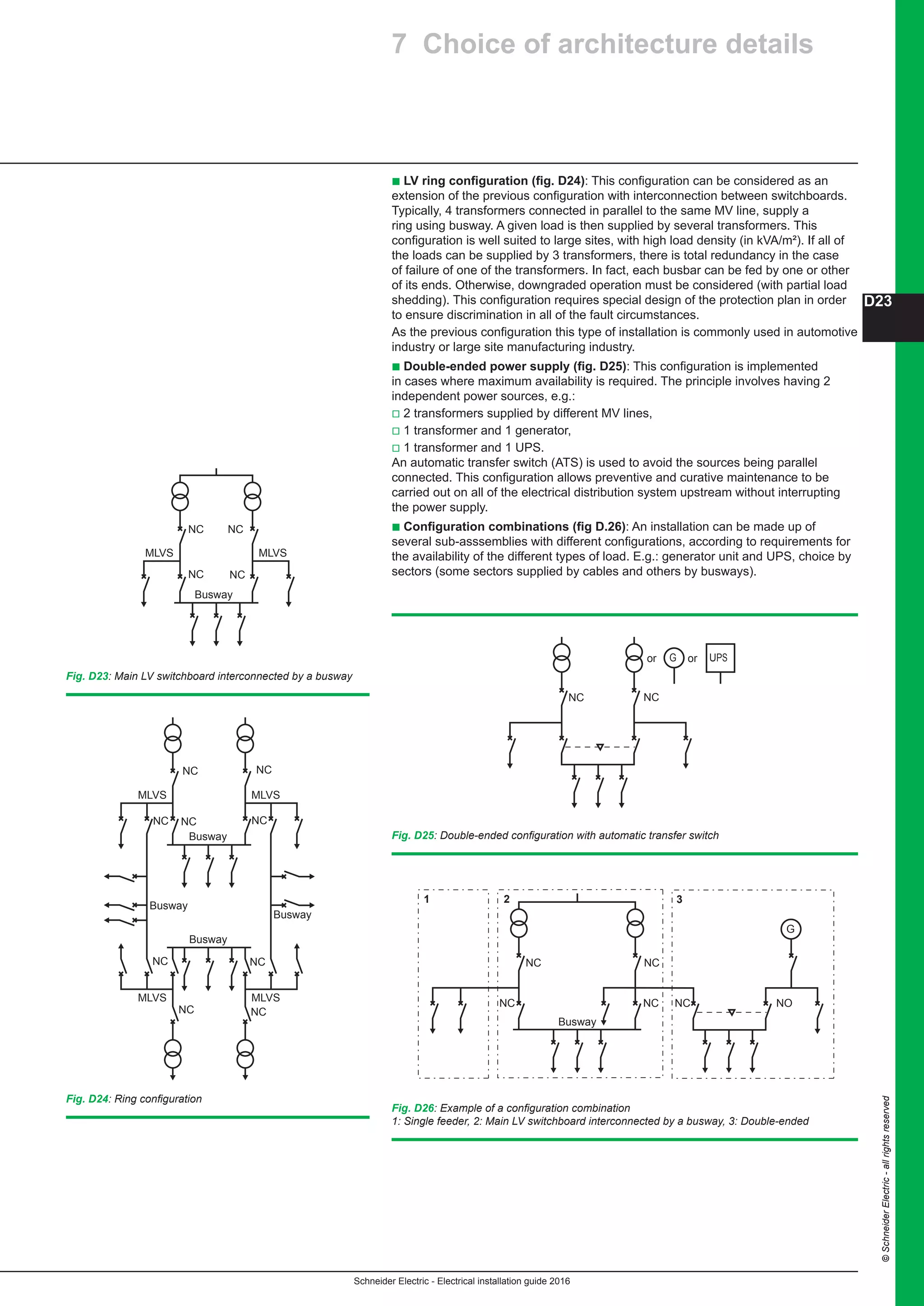 Schneider Electric - Electrical installation guide 2016
D23
©SchneiderElectric-allrightsreserved
MLVS MLVS
NC NC
NC NC
Busway
Fig. D23: Main LV switchboard interconnected by a busway
Fig. D24: Ring configuration
or orG UPS
NC NC
Fig. D25: Double-ended configuration with automatic transfer switch
1
G
2 3
NC NC NO
NC NC
NC
Busway
Fig. D26: Example of a configuration combination
1: Single feeder, 2: Main LV switchboard interconnected by a busway, 3: Double-ended
b LV ring configuration (fig. D24): This configuration can be considered as an
extension of the previous configuration with interconnection between switchboards.
Typically, 4 transformers connected in parallel to the same MV line, supply a
ring using busway. A given load is then supplied by several transformers. This
configuration is well suited to large sites, with high load density (in kVA/m²). If all of
the loads can be supplied by 3 transformers, there is total redundancy in the case
of failure of one of the transformers. In fact, each busbar can be fed by one or other
of its ends. Otherwise, downgraded operation must be considered (with partial load
shedding). This configuration requires special design of the protection plan in order
to ensure discrimination in all of the fault circumstances.
As the previous configuration this type of installation is commonly used in automotive
industry or large site manufacturing industry.
b Double-ended power supply (fig. D25): This configuration is implemented
in cases where maximum availability is required. The principle involves having 2
independent power sources, e.g.:
v 2 transformers supplied by different MV lines,
v 1 transformer and 1 generator,
v 1 transformer and 1 UPS.
An automatic transfer switch (ATS) is used to avoid the sources being parallel
connected. This configuration allows preventive and curative maintenance to be
carried out on all of the electrical distribution system upstream without interrupting
the power supply.
b Configuration combinations (fig D.26): An installation can be made up of
several sub-asssemblies with different configurations, according to requirements for
the availability of the different types of load. E.g.: generator unit and UPS, choice by
sectors (some sectors supplied by cables and others by busways).
7 Choice of architecture details
MLVS MLVS
MLVS MLVS
NC NC
NC NCNC
NC NC
NC NC
Busway
Busway
Busway
Busway
 