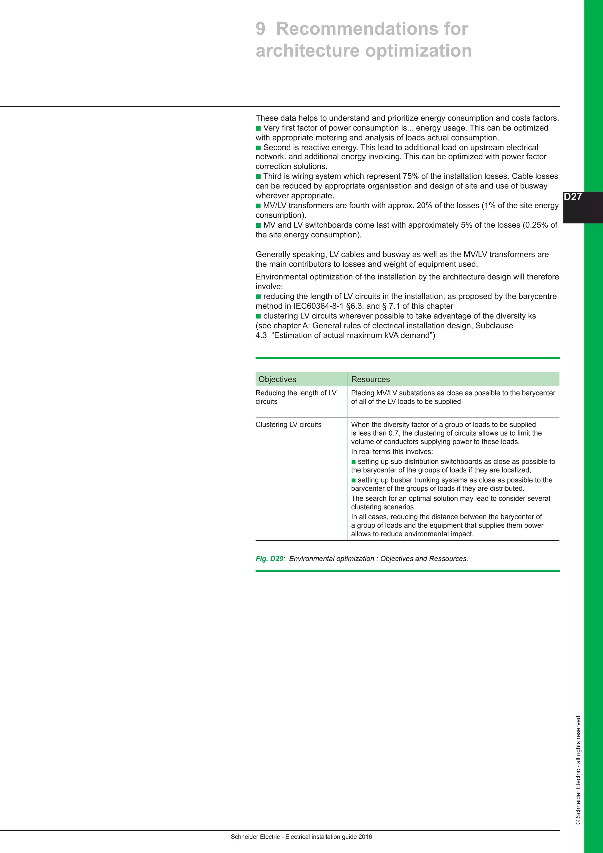 Schneider Electric - Electrical installation guide 2016
D27
©SchneiderElectric-allrightsreserved
Objectives Resources
Reducing the length of LV
circuits
Placing MV/LV substations as close as possible to the barycenter
of all of the LV loads to be supplied
Clustering LV circuits When the diversity factor of a group of loads to be supplied
is less than 0.7, the clustering of circuits allows us to limit the
volume of conductors supplying power to these loads.
In real terms this involves:
b setting up sub-distribution switchboards as close as possible to
the barycenter of the groups of loads if they are localized,
b setting up busbar trunking systems as close as possible to the
barycenter of the groups of loads if they are distributed.
The search for an optimal solution may lead to consider several
clustering scenarios.
In all cases, reducing the distance between the barycenter of
a group of loads and the equipment that supplies them power
allows to reduce environmental impact.
9 Recommendations for
architecture optimization
Fig. D29: Environmental optimization : Objectives and Ressources.
These data helps to understand and prioritize energy consumption and costs factors.
b Very first factor of power consumption is... energy usage. This can be optimized
with appropriate metering and analysis of loads actual consumption.
b Second is reactive energy. This lead to additional load on upstream electrical
network. and additional energy invoicing. This can be optimized with power factor
correction solutions.
b Third is wiring system which represent 75% of the installation losses. Cable losses
can be reduced by appropriate organisation and design of site and use of busway
wherever appropriate.
b MV/LV transformers are fourth with approx. 20% of the losses (1% of the site energy
consumption).
b MV and LV switchboards come last with approximately 5% of the losses (0,25% of
the site energy consumption).
Generally speaking, LV cables and busway as well as the MV/LV transformers are
the main contributors to losses and weight of equipment used.
Environmental optimization of the installation by the architecture design will therefore
involve:
b reducing the length of LV circuits in the installation, as proposed by the barycentre
method in IEC60364-8-1 §6.3, and § 7.1 of this chapter
b clustering LV circuits wherever possible to take advantage of the diversity ks
(see chapter A: General rules of electrical installation design, Subclause
4.3 “Estimation of actual maximum kVA demand”)
 