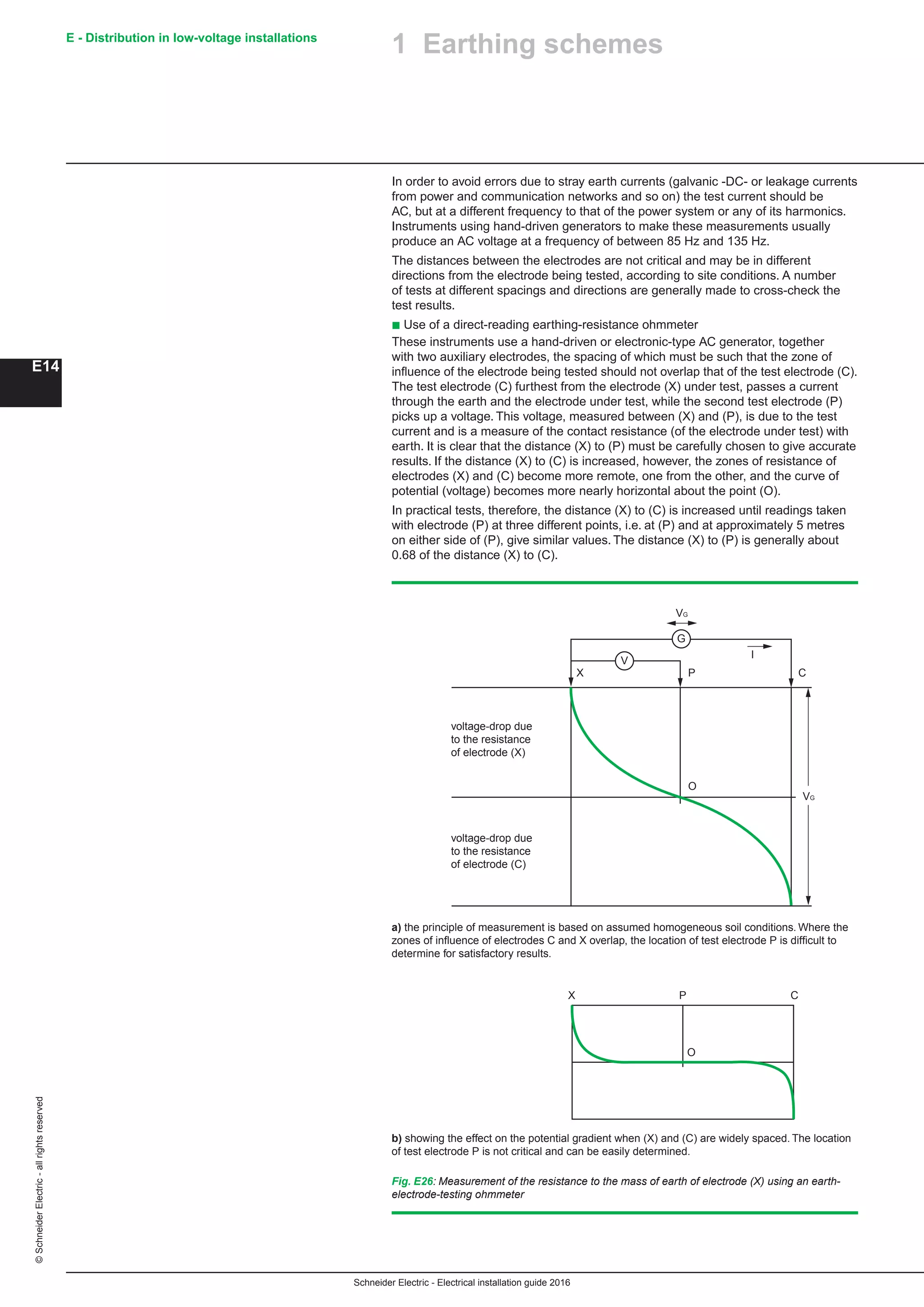 Schneider Electric - Electrical installation guide 2016
E - Distribution in low-voltage installations
E14
©SchneiderElectric-allrightsreserved
1 Earthing schemes
In order to avoid errors due to stray earth currents (galvanic -DC- or leakage currents
from power and communication networks and so on) the test current should be
AC, but at a different frequency to that of the power system or any of its harmonics.
Instruments using hand-driven generators to make these measurements usually
produce an AC voltage at a frequency of between 85 Hz and 135 Hz.
The distances between the electrodes are not critical and may be in different
directions from the electrode being tested, according to site conditions. A number
of tests at different spacings and directions are generally made to cross-check the
test results.
b Use of a direct-reading earthing-resistance ohmmeter
These instruments use a hand-driven or electronic-type AC generator, together
with two auxiliary electrodes, the spacing of which must be such that the zone of
influence of the electrode being tested should not overlap that of the test electrode (C).
The test electrode (C) furthest from the electrode (X) under test, passes a current
through the earth and the electrode under test, while the second test electrode (P)
picks up a voltage. This voltage, measured between (X) and (P), is due to the test
current and is a measure of the contact resistance (of the electrode under test) with
earth. It is clear that the distance (X) to (P) must be carefully chosen to give accurate
results. If the distance (X) to (C) is increased, however, the zones of resistance of
electrodes (X) and (C) become more remote, one from the other, and the curve of
potential (voltage) becomes more nearly horizontal about the point (O).
In practical tests, therefore, the distance (X) to (C) is increased until readings taken
with electrode (P) at three different points, i.e. at (P) and at approximately 5 metres
on either side of (P), give similar values. The distance (X) to (P) is generally about
0.68 of the distance (X) to (C).
Fig. E26: Measurement of the resistance to the mass of earth of electrode (X) using an earth-
electrode-testing ohmmeter
X CP
O
X P
O
C
voltage-drop due
to the resistance
of electrode (X)
voltage-drop due
to the resistance
of electrode (C)
V
G
VG
VG
I
a) the principle of measurement is based on assumed homogeneous soil conditions. Where the
zones of influence of electrodes C and X overlap, the location of test electrode P is difficult to
determine for satisfactory results.
b) showing the effect on the potential gradient when (X) and (C) are widely spaced. The location
of test electrode P is not critical and can be easily determined.
 