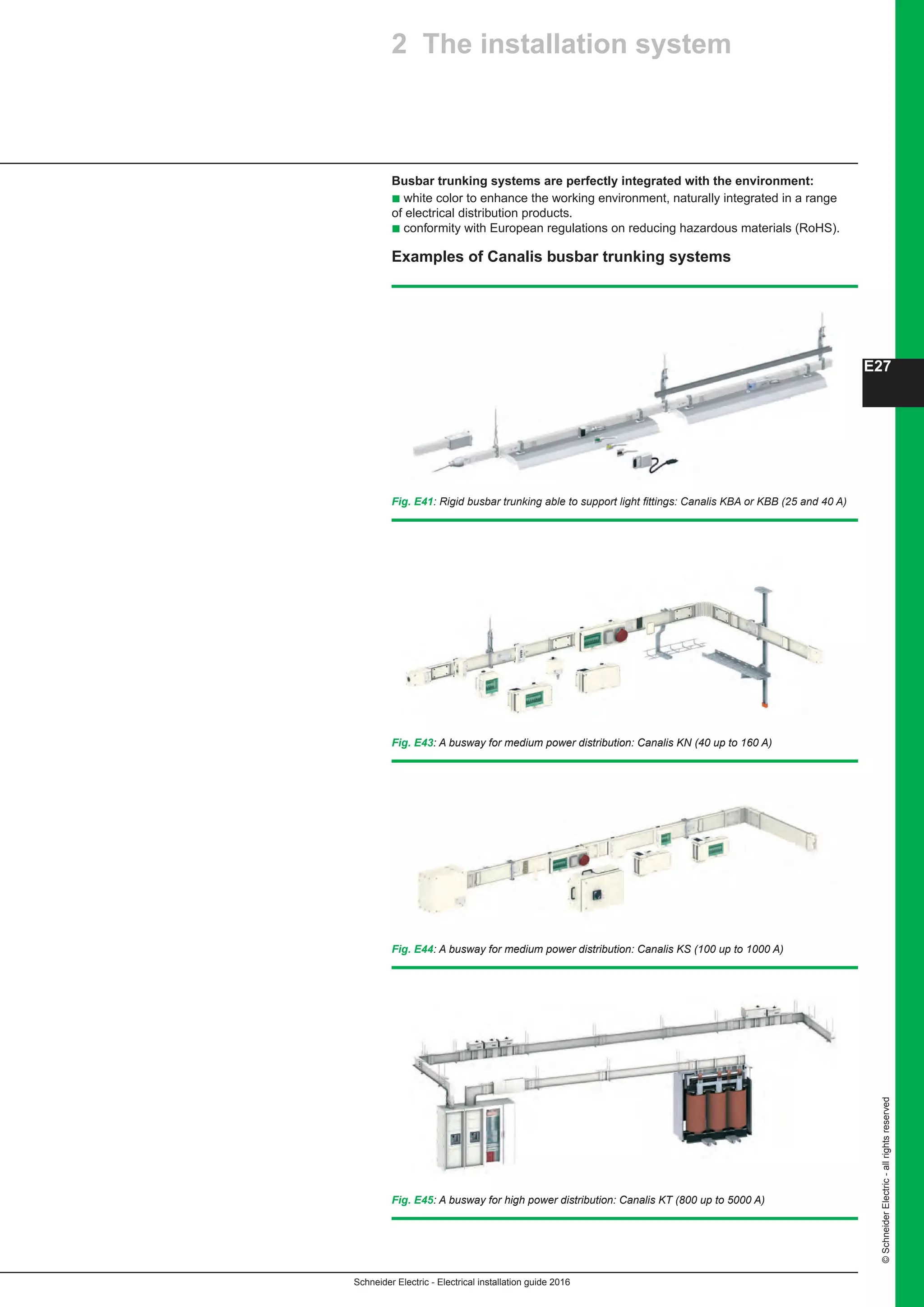 Schneider Electric - Electrical installation guide 2016
©SchneiderElectric-allrightsreserved
E27
Fig. E41: Rigid busbar trunking able to support light fittings: Canalis KBA or KBB (25 and 40 A)
Fig. E43: A busway for medium power distribution: Canalis KN (40 up to 160 A)
Busbar trunking systems are perfectly integrated with the environment:
b white color to enhance the working environment, naturally integrated in a range
of electrical distribution products.
b conformity with European regulations on reducing hazardous materials (RoHS).
Examples of Canalis busbar trunking systems
2 The installation system
Fig. E44: A busway for medium power distribution: Canalis KS (100 up to 1000 A)
Fig. E45: A busway for high power distribution: Canalis KT (800 up to 5000 A)
 