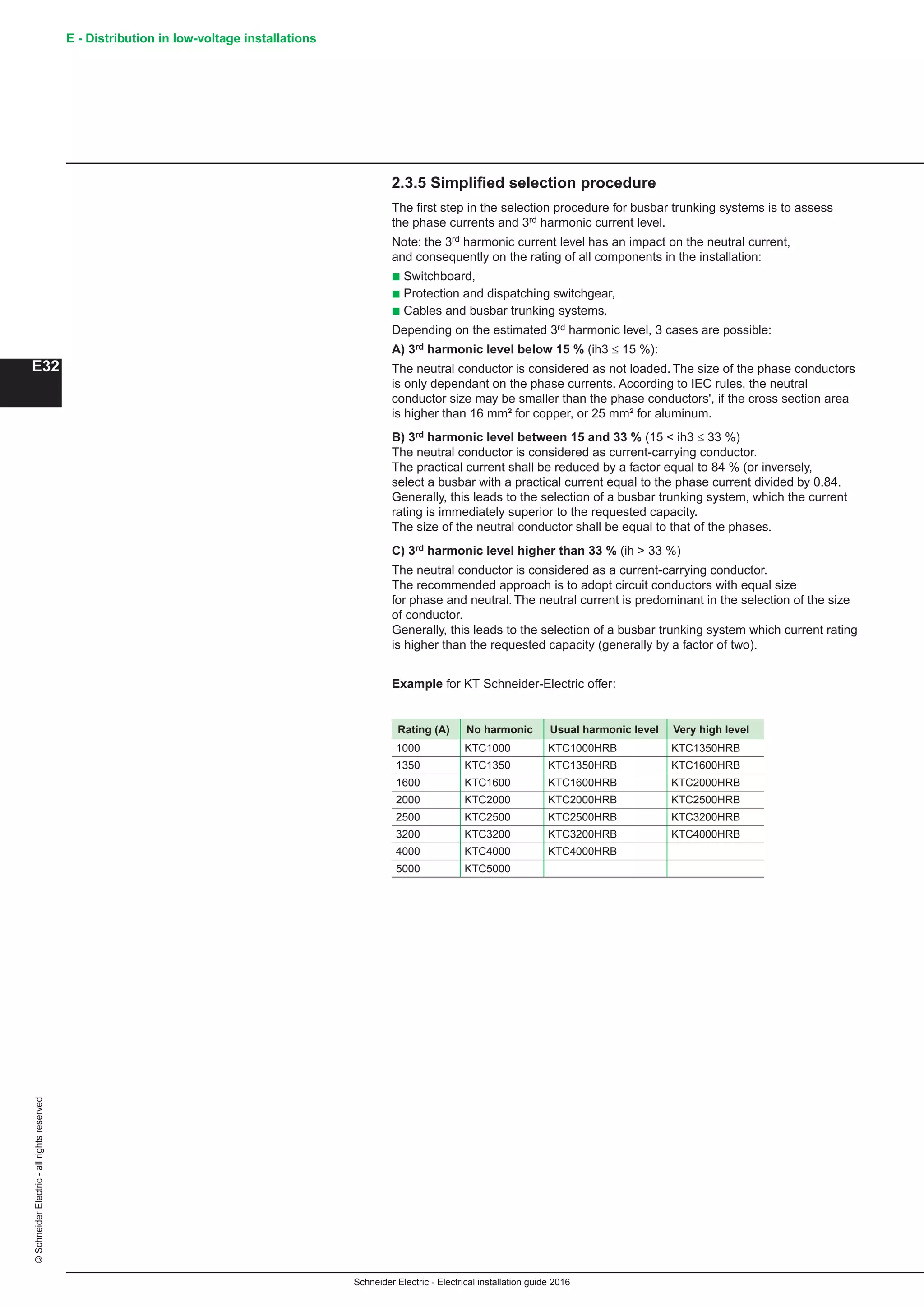Schneider Electric - Electrical installation guide 2016
E - Distribution in low-voltage installations©SchneiderElectric-allrightsreserved
E32
2.3.5 Simplified selection procedure
The first step in the selection procedure for busbar trunking systems is to assess
the phase currents and 3rd harmonic current level.
Note: the 3rd harmonic current level has an impact on the neutral current,
and consequently on the rating of all components in the installation:
b Switchboard,
b Protection and dispatching switchgear,
b Cables and busbar trunking systems.
Depending on the estimated 3rd harmonic level, 3 cases are possible:
A) 3rd harmonic level below 15 % (ih3 ≤ 15 %):
The neutral conductor is considered as not loaded. The size of the phase conductors
is only dependant on the phase currents. According to IEC rules, the neutral
conductor size may be smaller than the phase conductors', if the cross section area
is higher than 16 mm² for copper, or 25 mm² for aluminum.
B) 3rd harmonic level between 15 and 33 % (15  ih3 ≤ 33 %)
The neutral conductor is considered as current-carrying conductor.
The practical current shall be reduced by a factor equal to 84 % (or inversely,
select a busbar with a practical current equal to the phase current divided by 0.84.
Generally, this leads to the selection of a busbar trunking system, which the current
rating is immediately superior to the requested capacity.
The size of the neutral conductor shall be equal to that of the phases.
C) 3rd harmonic level higher than 33 % (ih  33 %)
The neutral conductor is considered as a current-carrying conductor.
The recommended approach is to adopt circuit conductors with equal size
for phase and neutral. The neutral current is predominant in the selection of the size
of conductor.
Generally, this leads to the selection of a busbar trunking system which current rating
is higher than the requested capacity (generally by a factor of two).
Rating (A) No harmonic Usual harmonic level Very high level
1000 KTC1000 KTC1000HRB KTC1350HRB
1350 KTC1350 KTC1350HRB KTC1600HRB
1600 KTC1600 KTC1600HRB KTC2000HRB
2000 KTC2000 KTC2000HRB KTC2500HRB
2500 KTC2500 KTC2500HRB KTC3200HRB
3200 KTC3200 KTC3200HRB KTC4000HRB
4000 KTC4000 KTC4000HRB
5000 KTC5000
Example for KT Schneider-Electric offer:
 