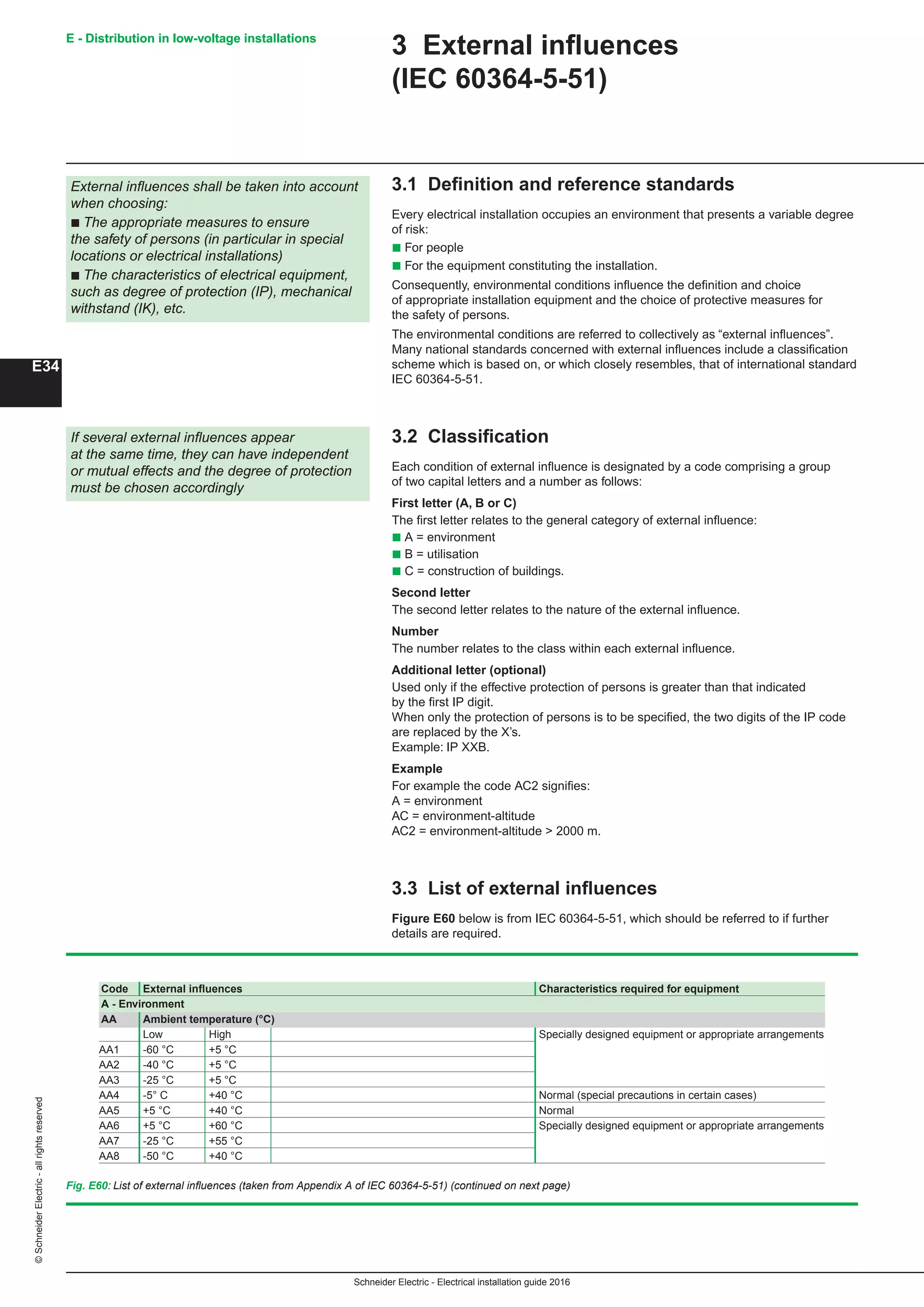 Schneider Electric - Electrical installation guide 2016
E - Distribution in low-voltage installations©SchneiderElectric-allrightsreserved
E34
3 External influences
(IEC 60364-5-51)
3.1 Definition and reference standards
Every electrical installation occupies an environment that presents a variable degree
of risk:
b For people
b For the equipment constituting the installation.
Consequently, environmental conditions influence the definition and choice
of appropriate installation equipment and the choice of protective measures for
the safety of persons.
The environmental conditions are referred to collectively as “external influences”.
Many national standards concerned with external influences include a classification
scheme which is based on, or which closely resembles, that of international standard
IEC 60364-5-51.
3.2 Classification
Each condition of external influence is designated by a code comprising a group
of two capital letters and a number as follows:
First letter (A, B or C)
The first letter relates to the general category of external influence:
b A = environment
b B = utilisation
b C = construction of buildings.
Second letter
The second letter relates to the nature of the external influence.
Number
The number relates to the class within each external influence.
Additional letter (optional)
Used only if the effective protection of persons is greater than that indicated
by the first IP digit.
When only the protection of persons is to be specified, the two digits of the IP code
are replaced by the X’s.
Example: IP XXB.
Example
For example the code AC2 signifies:
A = environment
AC = environment-altitude
AC2 = environment-altitude  2000 m.
3.3 List of external influences
Figure E60 below is from IEC 60364-5-51, which should be referred to if further
details are required.
External influences shall be taken into account
when choosing:
b The appropriate measures to ensure
the safety of persons (in particular in special
locations or electrical installations)
b The characteristics of electrical equipment,
such as degree of protection (IP), mechanical
withstand (IK), etc.
If several external influences appear
at the same time, they can have independent
or mutual effects and the degree of protection
must be chosen accordingly
Code External influences Characteristics required for equipment	
A - Environment
AA Ambient temperature (°C)
Low High Specially designed equipment or appropriate arrangements
AA1 -60 °C +5 °C
AA2 -40 °C +5 °C
AA3 -25 °C +5 °C
AA4 -5° C +40 °C Normal (special precautions in certain cases)	
AA5 +5 °C +40 °C Normal	
AA6 +5 °C +60 °C Specially designed equipment or appropriate arrangements
AA7 -25 °C +55 °C
AA8 -50 °C +40 °C
Fig. E60: List of external influences (taken from Appendix A of IEC 60364-5-51) (continued on next page)
E - Distribution in low-voltage installations
 