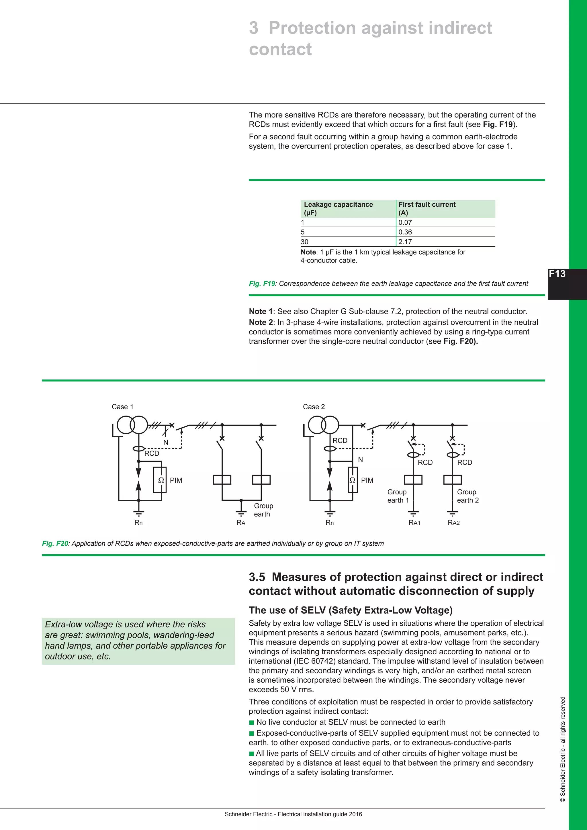 Schneider Electric - Electrical installation guide 2016
F13
©SchneiderElectric-allrightsreserved
Fig. F19: Correspondence between the earth leakage capacitance and the first fault current
Group
earth
Case 1
PIMΩ
N
RARn
RCD
Group
earth 2
Group
earth 1
Case 2
PIMΩ
N
RA1Rn RA2
RCD
RCD RCD
Fig. F20: Application of RCDs when exposed-conductive-parts are earthed individually or by group on IT system
Leakage capacitance First fault current
(µF) (A)	
1 0.07
5 0.36
30 2.17
Note: 1 µF is the 1 km typical leakage capacitance for
4-conductor cable.
The more sensitive RCDs are therefore necessary, but the operating current of the
RCDs must evidently exceed that which occurs for a first fault (see Fig. F19).
For a second fault occurring within a group having a common earth-electrode
system, the overcurrent protection operates, as described above for case 1.
3 Protection against indirect
contact
Extra-low voltage is used where the risks
are great: swimming pools, wandering-lead
hand lamps, and other portable appliances for
outdoor use, etc.
Note 1: See also Chapter G Sub-clause 7.2, protection of the neutral conductor.
Note 2: In 3-phase 4-wire installations, protection against overcurrent in the neutral
conductor is sometimes more conveniently achieved by using a ring-type current
transformer over the single-core neutral conductor (see Fig. F20).
3.5 Measures of protection against direct or indirect
contact without automatic disconnection of supply
The use of SELV (Safety Extra-Low Voltage)
Safety by extra low voltage SELV is used in situations where the operation of electrical
equipment presents a serious hazard (swimming pools, amusement parks, etc.).
This measure depends on supplying power at extra-low voltage from the secondary
windings of isolating transformers especially designed according to national or to
international (IEC 60742) standard. The impulse withstand level of insulation between
the primary and secondary windings is very high, and/or an earthed metal screen
is sometimes incorporated between the windings. The secondary voltage never
exceeds 50 V rms.
Three conditions of exploitation must be respected in order to provide satisfactory
protection against indirect contact:
b No live conductor at SELV must be connected to earth
b Exposed-conductive-parts of SELV supplied equipment must not be connected to
earth, to other exposed conductive parts, or to extraneous-conductive-parts
b All live parts of SELV circuits and of other circuits of higher voltage must be
separated by a distance at least equal to that between the primary and secondary
windings of a safety isolating transformer.
 