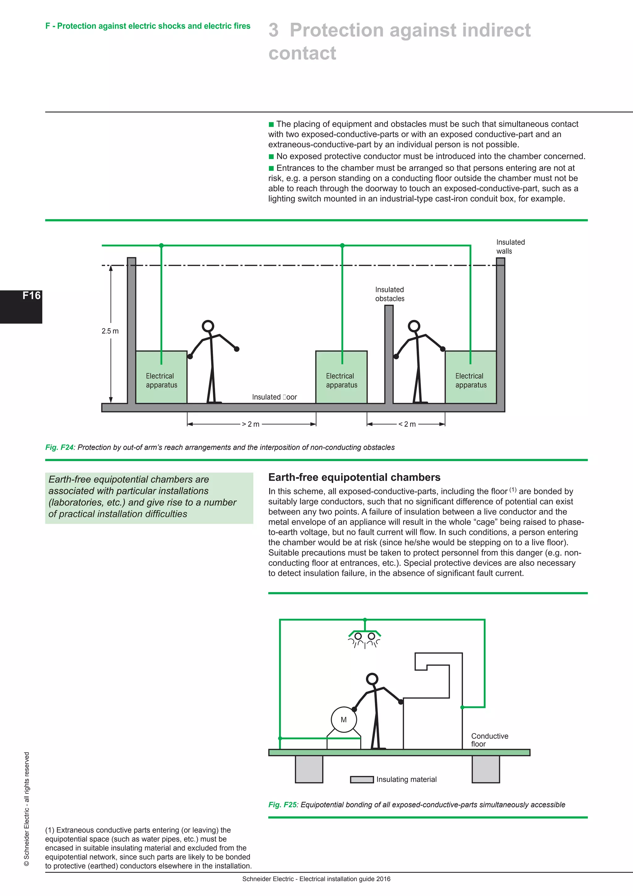 Schneider Electric - Electrical installation guide 2016
F16
©SchneiderElectric-allrightsreserved F - Protection against electric shocks and electric fires
Earth-free equipotential chambers
In this scheme, all exposed-conductive-parts, including the floor (1) are bonded by
suitably large conductors, such that no significant difference of potential can exist
between any two points. A failure of insulation between a live conductor and the
metal envelope of an appliance will result in the whole “cage” being raised to phase-
to-earth voltage, but no fault current will flow. In such conditions, a person entering
the chamber would be at risk (since he/she would be stepping on to a live floor).
Suitable precautions must be taken to protect personnel from this danger (e.g. non-
conducting floor at entrances, etc.). Special protective devices are also necessary
to detect insulation failure, in the absence of significant fault current.
Fig. F24: Protection by out-of arm’s reach arrangements and the interposition of non-conducting obstacles
Electrical
apparatus
Electrical
apparatus
 2 m
Electrical
apparatus
Insulated
walls
Insulated
obstacles
 2 m
Insulated floor
2.5 m
3 Protection against indirect
contact
Earth-free equipotential chambers are
associated with particular installations
(laboratories, etc.) and give rise to a number
of practical installation difficulties
b The placing of equipment and obstacles must be such that simultaneous contact
with two exposed-conductive-parts or with an exposed conductive-part and an
extraneous-conductive-part by an individual person is not possible.
b No exposed protective conductor must be introduced into the chamber concerned.
b Entrances to the chamber must be arranged so that persons entering are not at
risk, e.g. a person standing on a conducting floor outside the chamber must not be
able to reach through the doorway to touch an exposed-conductive-part, such as a
lighting switch mounted in an industrial-type cast-iron conduit box, for example.
(1) Extraneous conductive parts entering (or leaving) the
equipotential space (such as water pipes, etc.) must be
encased in suitable insulating material and excluded from the
equipotential network, since such parts are likely to be bonded
to protective (earthed) conductors elsewhere in the installation.
Fig. F25: Equipotential bonding of all exposed-conductive-parts simultaneously accessible
Insulating material
Conductive
floor
M
 