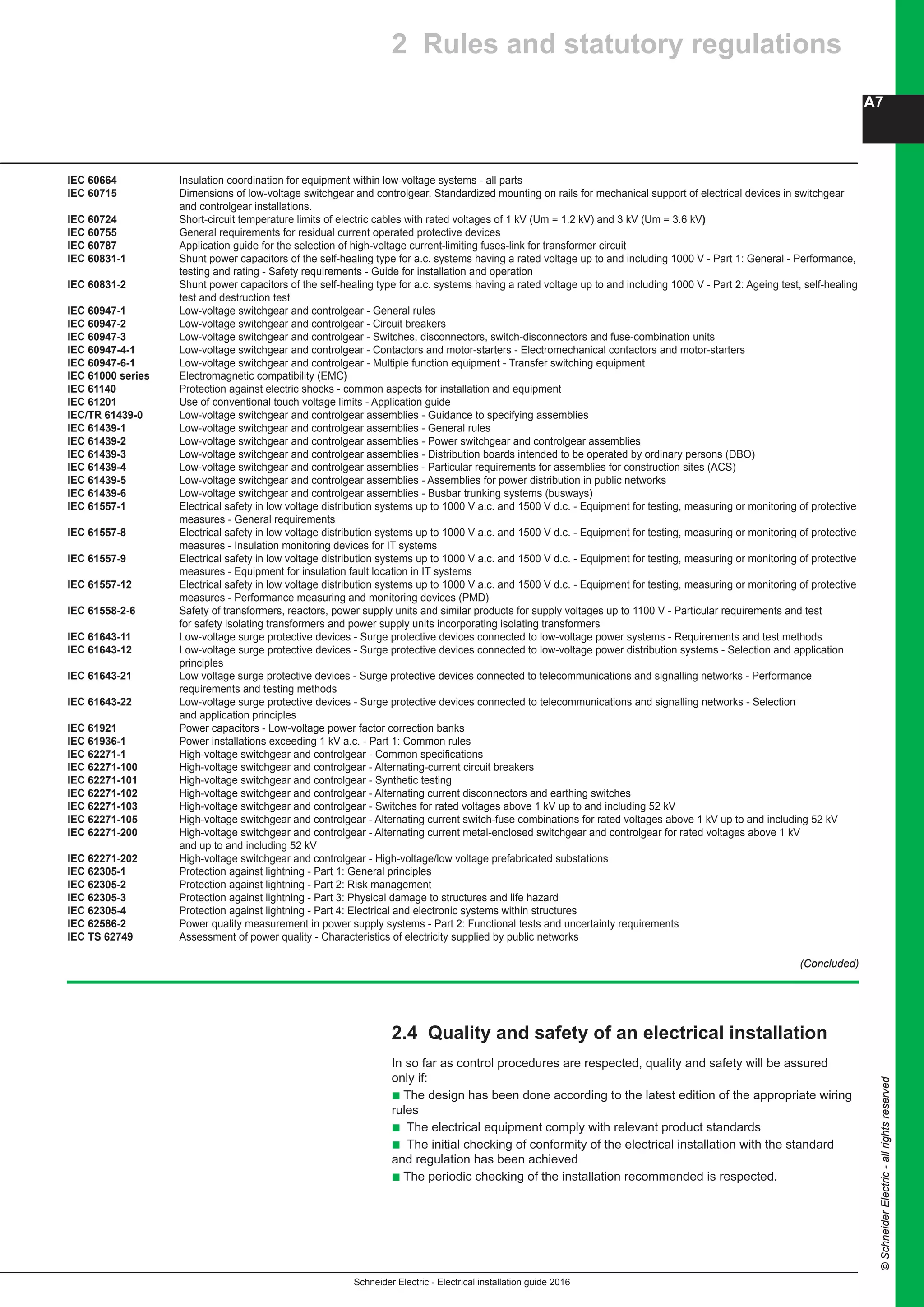 Schneider Electric - Electrical installation guide 2016
A7
©SchneiderElectric-allrightsreserved
IEC 60664	 Insulation coordination for equipment within low-voltage systems - all parts
IEC 60715	 Dimensions of low-voltage switchgear and controlgear. Standardized mounting on rails for mechanical support of electrical devices in switchgear
and controlgear installations.
IEC 60724	 Short-circuit temperature limits of electric cables with rated voltages of 1 kV (Um = 1.2 kV) and 3 kV (Um = 3.6 kV)
IEC 60755	 General requirements for residual current operated protective devices
IEC 60787	 Application guide for the selection of high-voltage current-limiting fuses-link for transformer circuit
IEC 60831-1	 Shunt power capacitors of the self-healing type for a.c. systems having a rated voltage up to and including 1000 V - Part 1: General - Performance,
testing and rating - Safety requirements - Guide for installation and operation
IEC 60831-2	 Shunt power capacitors of the self-healing type for a.c. systems having a rated voltage up to and including 1000 V - Part 2: Ageing test, self-healing
test and destruction test
IEC 60947-1	 Low-voltage switchgear and controlgear - General rules
IEC 60947-2	 Low-voltage switchgear and controlgear - Circuit breakers
IEC 60947-3	 Low-voltage switchgear and controlgear - Switches, disconnectors, switch-disconnectors and fuse-combination units
IEC 60947-4-1	 Low-voltage switchgear and controlgear - Contactors and motor-starters - Electromechanical contactors and motor-starters
IEC 60947-6-1	 Low-voltage switchgear and controlgear - Multiple function equipment - Transfer switching equipment
IEC 61000 series	 Electromagnetic compatibility (EMC)
IEC 61140	 Protection against electric shocks - common aspects for installation and equipment
IEC 61201	 Use of conventional touch voltage limits - Application guide
IEC/TR 61439-0	 Low-voltage switchgear and controlgear assemblies - Guidance to specifying assemblies
IEC 61439-1	 Low-voltage switchgear and controlgear assemblies - General rules
IEC 61439-2	 Low-voltage switchgear and controlgear assemblies - Power switchgear and controlgear assemblies
IEC 61439-3	 Low-voltage switchgear and controlgear assemblies - Distribution boards intended to be operated by ordinary persons (DBO)
IEC 61439-4	 Low-voltage switchgear and controlgear assemblies - Particular requirements for assemblies for construction sites (ACS)
IEC 61439-5	 Low-voltage switchgear and controlgear assemblies - Assemblies for power distribution in public networks
IEC 61439-6	 Low-voltage switchgear and controlgear assemblies - Busbar trunking systems (busways)
IEC 61557-1	 Electrical safety in low voltage distribution systems up to 1000 V a.c. and 1500 V d.c. - Equipment for testing, measuring or monitoring of protective
measures - General requirements
IEC 61557-8	 Electrical safety in low voltage distribution systems up to 1000 V a.c. and 1500 V d.c. - Equipment for testing, measuring or monitoring of protective
measures - Insulation monitoring devices for IT systems
IEC 61557-9	 Electrical safety in low voltage distribution systems up to 1000 V a.c. and 1500 V d.c. - Equipment for testing, measuring or monitoring of protective
measures - Equipment for insulation fault location in IT systems
IEC 61557-12	 Electrical safety in low voltage distribution systems up to 1000 V a.c. and 1500 V d.c. - Equipment for testing, measuring or monitoring of protective
measures - Performance measuring and monitoring devices (PMD)
IEC 61558-2-6	 Safety of transformers, reactors, power supply units and similar products for supply voltages up to 1100 V - Particular requirements and test
for safety isolating transformers and power supply units incorporating isolating transformers
IEC 61643-11	 Low-voltage surge protective devices - Surge protective devices connected to low-voltage power systems - Requirements and test methods
IEC 61643-12	 Low-voltage surge protective devices - Surge protective devices connected to low-voltage power distribution systems - Selection and application
principles
IEC 61643-21 	 Low voltage surge protective devices - Surge protective devices connected to telecommunications and signalling networks - Performance
requirements and testing methods
IEC 61643-22	 Low-voltage surge protective devices - Surge protective devices connected to telecommunications and signalling networks - Selection
	 and application principles
IEC 61921	 Power capacitors - Low-voltage power factor correction banks
IEC 61936-1	 Power installations exceeding 1 kV a.c. - Part 1: Common rules
IEC 62271-1	 High-voltage switchgear and controlgear - Common specifications
IEC 62271-100	 High-voltage switchgear and controlgear - Alternating-current circuit breakers
IEC 62271-101	 High-voltage switchgear and controlgear - Synthetic testing
IEC 62271-102	 High-voltage switchgear and controlgear - Alternating current disconnectors and earthing switches
IEC 62271-103	 High-voltage switchgear and controlgear - Switches for rated voltages above 1 kV up to and including 52 kV
IEC 62271-105	 High-voltage switchgear and controlgear - Alternating current switch-fuse combinations for rated voltages above 1 kV up to and including 52 kV
IEC 62271-200	 High-voltage switchgear and controlgear - Alternating current metal-enclosed switchgear and controlgear for rated voltages above 1 kV
and up to and including 52 kV
IEC 62271-202	 High-voltage switchgear and controlgear - High-voltage/low voltage prefabricated substations
IEC 62305-1	 Protection against lightning - Part 1: General principles
IEC 62305-2	 Protection against lightning - Part 2: Risk management
IEC 62305-3	 Protection against lightning - Part 3: Physical damage to structures and life hazard
IEC 62305-4	 Protection against lightning - Part 4: Electrical and electronic systems within structures
IEC 62586-2	 Power quality measurement in power supply systems - Part 2: Functional tests and uncertainty requirements
IEC TS 62749	 Assessment of power quality - Characteristics of electricity supplied by public networks
(Concluded)
2.4 Quality and safety of an electrical installation
In so far as control procedures are respected, quality and safety will be assured
only if:
b The design has been done according to the latest edition of the appropriate wiring
rules
b The electrical equipment comply with relevant product standards
b The initial checking of conformity of the electrical installation with the standard
and regulation has been achieved
b The periodic checking of the installation recommended is respected.
2 Rules and statutory regulations
 