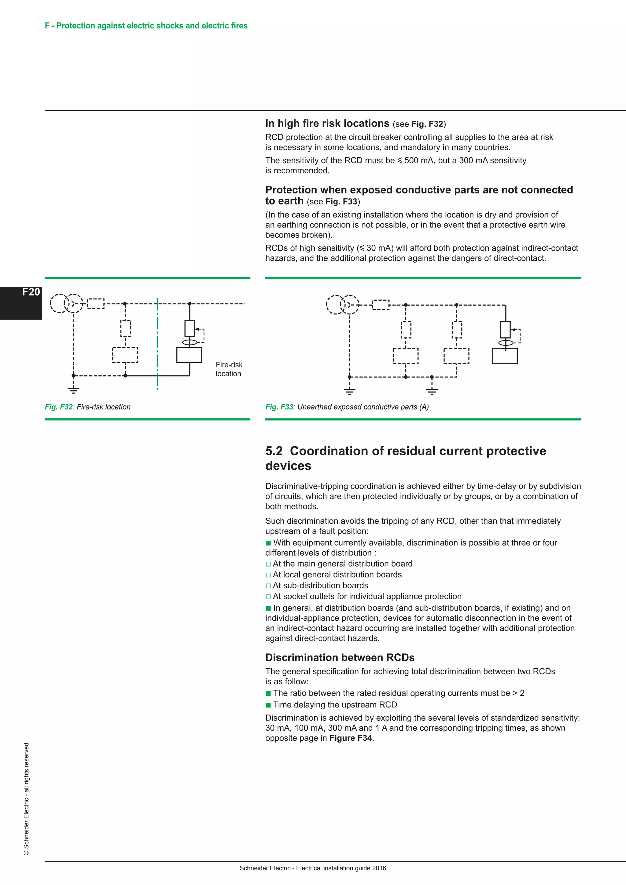 Schneider Electric - Electrical installation guide 2016
F20
©SchneiderElectric-allrightsreserved F - Protection against electric shocks and electric fires
In high fire risk locations (see Fig. F32)
RCD protection at the circuit breaker controlling all supplies to the area at risk
is necessary in some locations, and mandatory in many countries.
The sensitivity of the RCD must be y 500 mA, but a 300 mA sensitivity
is recommended.
Protection when exposed conductive parts are not connected
to earth (see Fig. F33)
(In the case of an existing installation where the location is dry and provision of
an earthing connection is not possible, or in the event that a protective earth wire
becomes broken).
RCDs of high sensitivity (y 30 mA) will afford both protection against indirect-contact
hazards, and the additional protection against the dangers of direct-contact.
Fig. F32: Fire-risk location
Fire-risk
location
Fig. F33: Unearthed exposed conductive parts (A)
5.2 Coordination of residual current protective
devices
Discriminative-tripping coordination is achieved either by time-delay or by subdivision
of circuits, which are then protected individually or by groups, or by a combination of
both methods.
Such discrimination avoids the tripping of any RCD, other than that immediately
upstream of a fault position:
b With equipment currently available, discrimination is possible at three or four
different levels of distribution :
v At the main general distribution board
v At local general distribution boards
v At sub-distribution boards
v At socket outlets for individual appliance protection
b In general, at distribution boards (and sub-distribution boards, if existing) and on
individual-appliance protection, devices for automatic disconnection in the event of
an indirect-contact hazard occurring are installed together with additional protection
against direct-contact hazards.
Discrimination between RCDs
The general specification for achieving total discrimination between two RCDs
is as follow:
b The ratio between the rated residual operating currents must be  2
b Time delaying the upstream RCD
Discrimination is achieved by exploiting the several levels of standardized sensitivity:
30 mA, 100 mA, 300 mA and 1 A and the corresponding tripping times, as shown
opposite page in Figure F34.
 
