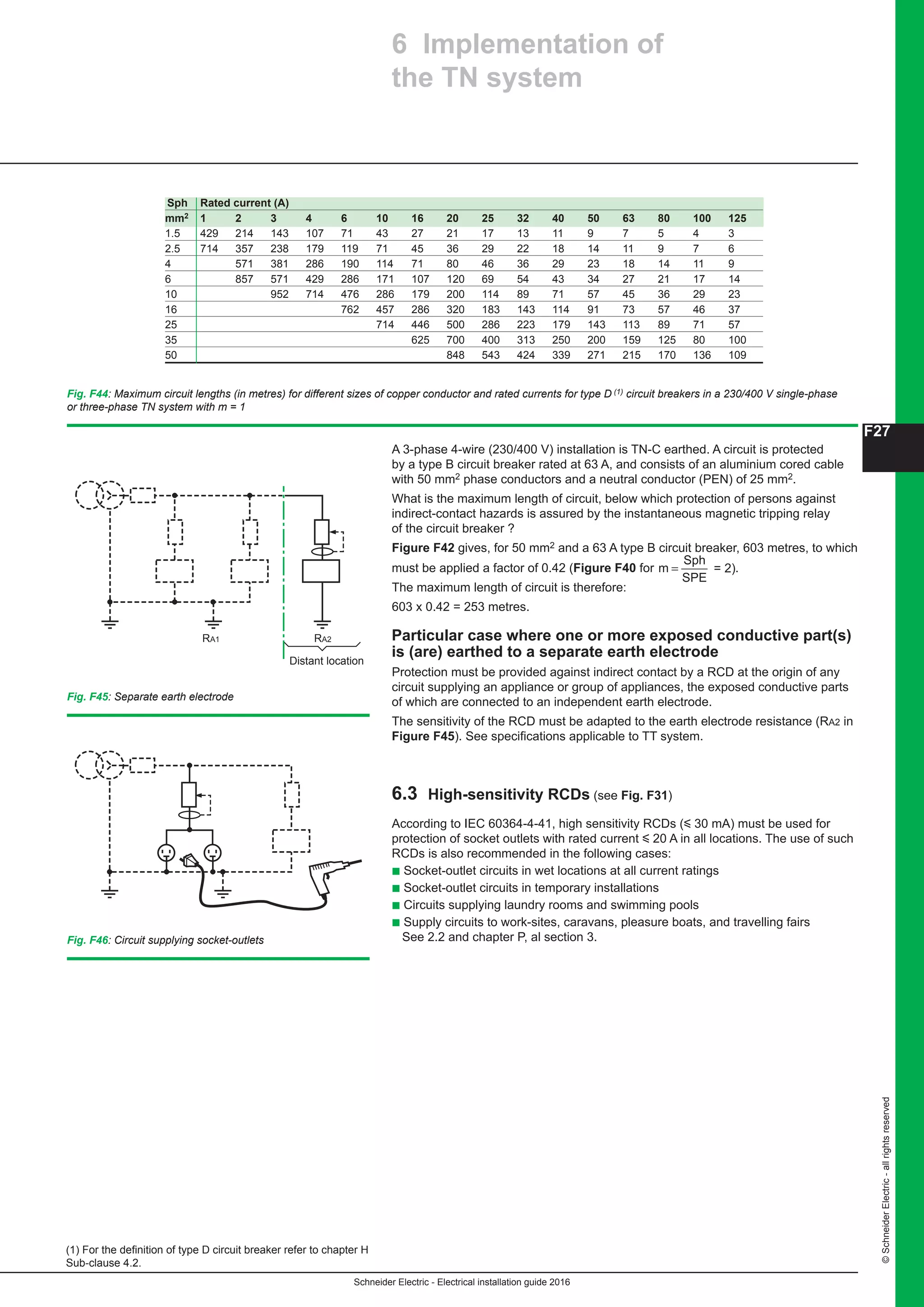 Schneider Electric - Electrical installation guide 2016
F27
©SchneiderElectric-allrightsreserved
6 Implementation of
the TN system
A 3-phase 4-wire (230/400 V) installation is TN-C earthed. A circuit is protected
by a type B circuit breaker rated at 63 A, and consists of an aluminium cored cable
with 50 mm2 phase conductors and a neutral conductor (PEN) of 25 mm2.
What is the maximum length of circuit, below which protection of persons against
indirect-contact hazards is assured by the instantaneous magnetic tripping relay
of the circuit breaker ?
Figure F42 gives, for 50 mm2 and a 63 A type B circuit breaker, 603 metres, to which
must be applied a factor of 0.42 (Figure F40 for m
Sph
SPE
= = 2)..
The maximum length of circuit is therefore:
603 x 0.42 = 253 metres.
Particular case where one or more exposed conductive part(s)
is (are) earthed to a separate earth electrode
Protection must be provided against indirect contact by a RCD at the origin of any
circuit supplying an appliance or group of appliances, the exposed conductive parts
of which are connected to an independent earth electrode.
The sensitivity of the RCD must be adapted to the earth electrode resistance (RA2 in
Figure F45). See specifications applicable to TT system.
6.3 High-sensitivity RCDs (see Fig. F31)
According to IEC 60364-4-41, high sensitivity RCDs (y 30 mA) must be used for
protection of socket outlets with rated current y 20 A in all locations. The use of such
RCDs is also recommended in the following cases:
b Socket-outlet circuits in wet locations at all current ratings
b Socket-outlet circuits in temporary installations
b Circuits supplying laundry rooms and swimming pools
b Supply circuits to work-sites, caravans, pleasure boats, and travelling fairs
See 2.2 and chapter P, al section 3.
Sph Rated current (A)
mm2 1 2 3 4 6 10 16 20 25 32 40 50 63 80 100 125
1.5 429 214 143 107 71 43 27 21 17 13 11 9 7 5 4 3
2.5 714 357 238 179 119 71 45 36 29 22 18 14 11 9 7 6
4 571 381 286 190 114 71 80 46 36 29 23 18 14 11 9
6 857 571 429 286 171 107 120 69 54 43 34 27 21 17 14
10 952 714 476 286 179 200 114 89 71 57 45 36 29 23
16 762 457 286 320 183 143 114 91 73 57 46 37
25 714 446 500 286 223 179 143 113 89 71 57
35 625 700 400 313 250 200 159 125 80 100
50 848 543 424 339 271 215 170 136 109
Fig. F44: Maximum circuit lengths (in metres) for different sizes of copper conductor and rated currents for type D (1) circuit breakers in a 230/400 V single-phase
or three-phase TN system with m = 1
(1) For the definition of type D circuit breaker refer to chapter H
Sub-clause 4.2.
Fig. F45: Separate earth electrode
RA1 RA2
Distant location
Fig. F46: Circuit supplying socket-outlets
 
