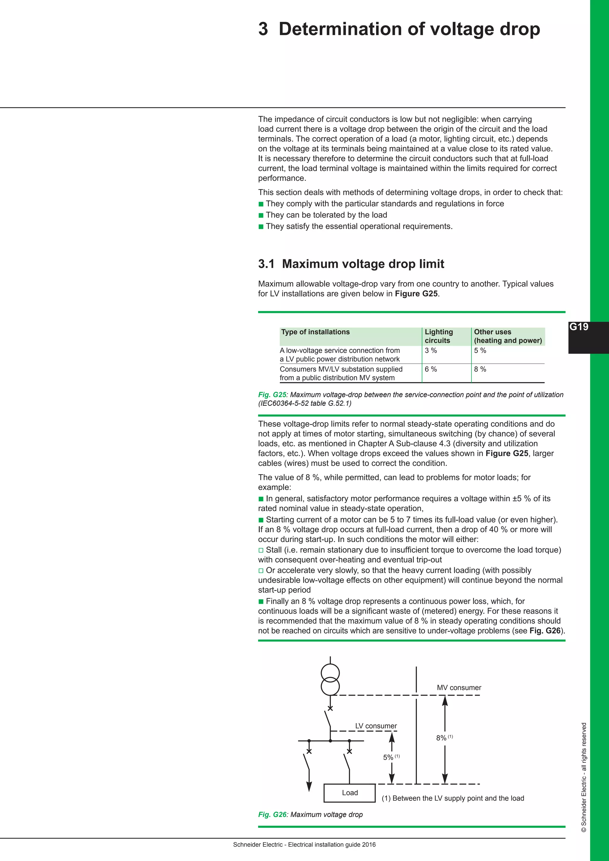 Schneider Electric - Electrical installation guide 2016
G19
©SchneiderElectric-allrightsreserved
3 Determination of voltage drop
The impedance of circuit conductors is low but not negligible: when carrying
load current there is a voltage drop between the origin of the circuit and the load
terminals. The correct operation of a load (a motor, lighting circuit, etc.) depends
on the voltage at its terminals being maintained at a value close to its rated value.
It is necessary therefore to determine the circuit conductors such that at full-load
current, the load terminal voltage is maintained within the limits required for correct
performance.
This section deals with methods of determining voltage drops, in order to check that:
b They comply with the particular standards and regulations in force
b They can be tolerated by the load
b They satisfy the essential operational requirements.
3.1 Maximum voltage drop limit
Maximum allowable voltage-drop vary from one country to another. Typical values
for LV installations are given below in Figure G25.
Fig. G25: Maximum voltage-drop between the service-connection point and the point of utilization
(IEC60364-5-52 table G.52.1)
Fig. G26: Maximum voltage drop
Type of installations Lighting Other uses
circuits (heating and power)
A low-voltage service connection from 3 % 5 %
a LV public power distribution network
Consumers MV/LV substation supplied 6 % 8 %
from a public distribution MV system
These voltage-drop limits refer to normal steady-state operating conditions and do
not apply at times of motor starting, simultaneous switching (by chance) of several
loads, etc. as mentioned in Chapter A Sub-clause 4.3 (diversity and utilization
factors, etc.). When voltage drops exceed the values shown in Figure G25, larger
cables (wires) must be used to correct the condition.
The value of 8 %, while permitted, can lead to problems for motor loads; for
example:
b In general, satisfactory motor performance requires a voltage within ±5 % of its
rated nominal value in steady-state operation,
b Starting current of a motor can be 5 to 7 times its full-load value (or even higher).
If an 8 % voltage drop occurs at full-load current, then a drop of 40 % or more will
occur during start-up. In such conditions the motor will either:
v Stall (i.e. remain stationary due to insufficient torque to overcome the load torque)
with consequent over-heating and eventual trip-out
v Or accelerate very slowly, so that the heavy current loading (with possibly
undesirable low-voltage effects on other equipment) will continue beyond the normal
start-up period
b Finally an 8 % voltage drop represents a continuous power loss, which, for
continuous loads will be a significant waste of (metered) energy. For these reasons it
is recommended that the maximum value of 8 % in steady operating conditions should
not be reached on circuits which are sensitive to under-voltage problems (see Fig. G26).
Load
LV consumer
5% (1)
8% (1)
MV consumer
(1) Between the LV supply point and the load
 