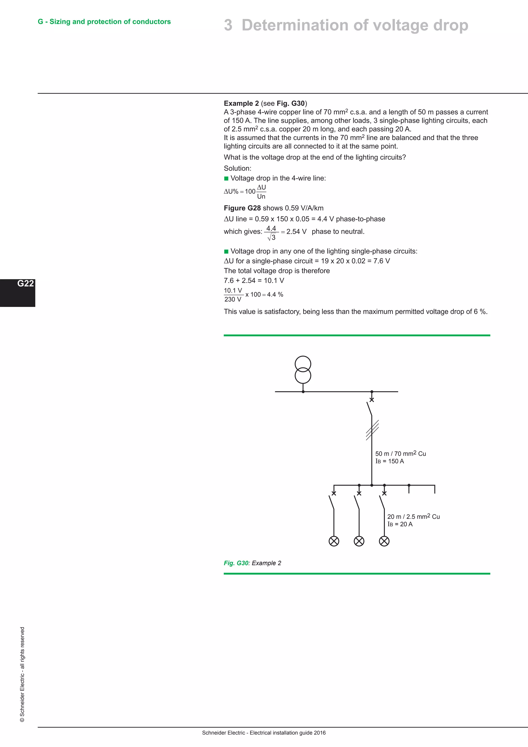 Schneider Electric - Electrical installation guide 2016
G - Sizing and protection of conductors
G22
©SchneiderElectric-allrightsreserved
3 Determination of voltage drop
Example 2 (see Fig. G30)
A 3-phase 4-wire copper line of 70 mm2 c.s.a. and a length of 50 m passes a current
of 150 A. The line supplies, among other loads, 3 single-phase lighting circuits, each
of 2.5 mm2 c.s.a. copper 20 m long, and each passing 20 A.
It is assumed that the currents in the 70 mm2 line are balanced and that the three
lighting circuits are all connected to it at the same point.
What is the voltage drop at the end of the lighting circuits?
Solution:
b Voltage drop in the 4-wire line:
Figure G28 shows 0.59 V/A/km
ΔU line = 0.59 x 150 x 0.05 = 4.4 V phase-to-phase
which gives: phase to neutral.
b Voltage drop in any one of the lighting single-phase circuits:
ΔU for a single-phase circuit = 19 x 20 x 0.02 = 7.6 V
The total voltage drop is therefore
7.6 + 2.54 = 10.1 V
10.1 V
V
.4 %
230
100 4x =
This value is satisfactory, being less than the maximum permitted voltage drop of 6 %.
∆
∆
U% 100
U
=
Un
3
2.54 V=4.4
Fig. G30: Example 2
50 m / 70 mm2 Cu
IB = 150 A
20 m / 2.5 mm2 Cu
IB = 20 A
 