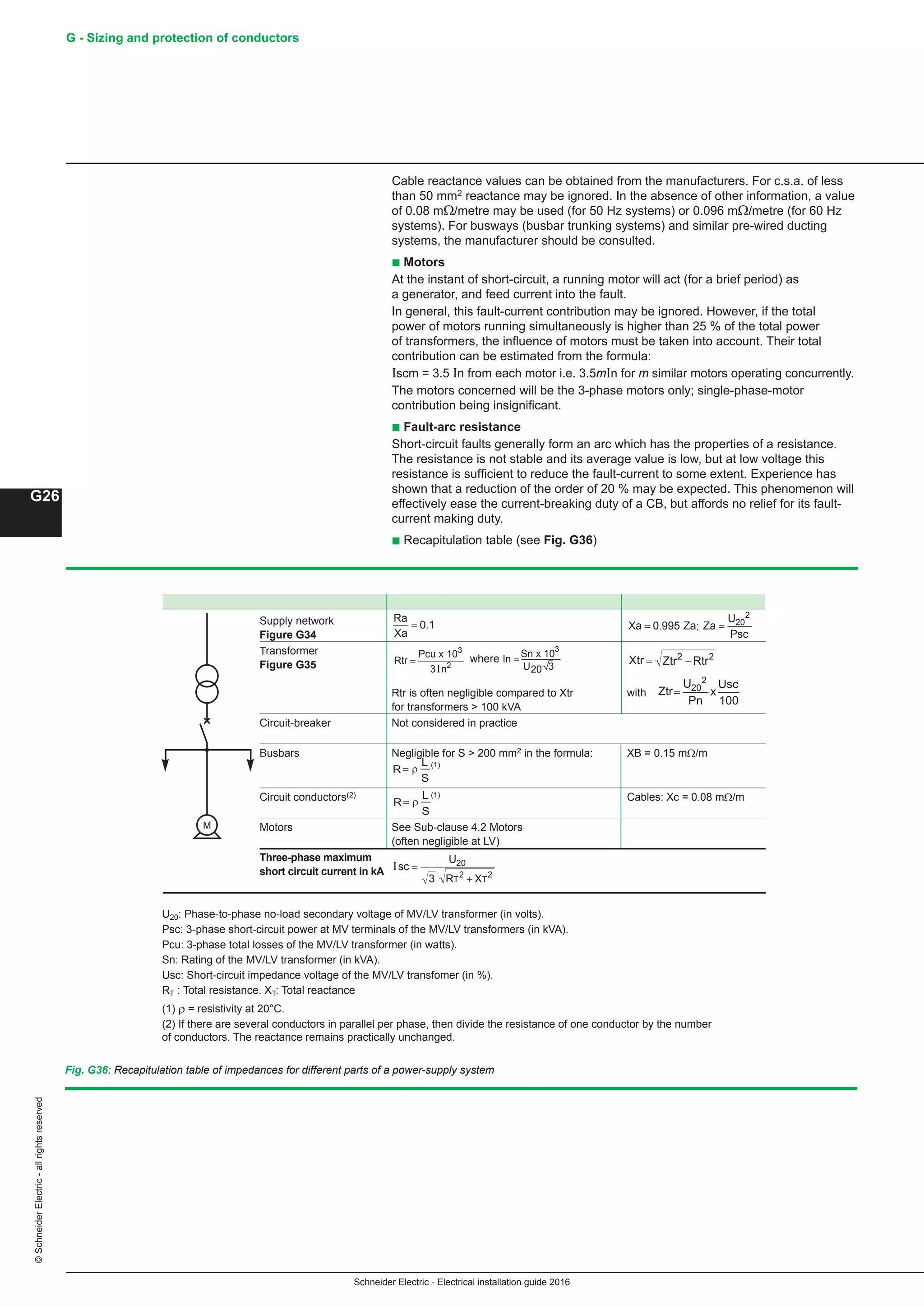 Schneider Electric - Electrical installation guide 2016
G26
G - Sizing and protection of conductors©SchneiderElectric-allrightsreserved
Parts of power-supply system R (mΩ) X (mΩ)
Supply network
Figure G34
Transformer
Figure G35
Rtr is often negligible compared to Xtr with
for transformers  100 kVA
Circuit-breaker Not considered in practice
Busbars Negligible for S  200 mm2 in the formula: XB = 0.15 mΩ/m
(1)
Circuit conductors(2) (1) Cables: Xc = 0.08 mΩ/m
Motors See Sub-clause 4.2 Motors
(often negligible at LV)
Three-phase maximum
short circuit current in kA
Sn x 10
U20
In =
3
3
Cable reactance values can be obtained from the manufacturers. For c.s.a. of less
than 50 mm2 reactance may be ignored. In the absence of other information, a value
of 0.08 mΩ/metre may be used (for 50 Hz systems) or 0.096 mΩ/metre (for 60 Hz
systems). For busways (busbar trunking systems) and similar pre-wired ducting
systems, the manufacturer should be consulted.
b Motors
At the instant of short-circuit, a running motor will act (for a brief period) as
a generator, and feed current into the fault.
In general, this fault-current contribution may be ignored. However, if the total
power of motors running simultaneously is higher than 25 % of the total power
of transformers, the influence of motors must be taken into account. Their total
contribution can be estimated from the formula:
Iscm = 3.5 In from each motor i.e. 3.5mIn for m similar motors operating concurrently.
The motors concerned will be the 3-phase motors only; single-phase-motor
contribution being insignificant.
b Fault-arc resistance
Short-circuit faults generally form an arc which has the properties of a resistance.
The resistance is not stable and its average value is low, but at low voltage this
resistance is sufficient to reduce the fault-current to some extent. Experience has
shown that a reduction of the order of 20 % may be expected. This phenomenon will
effectively ease the current-breaking duty of a CB, but affords no relief for its fault-
current making duty.
b Recapitulation table (see Fig. G36)
Fig. G36: Recapitulation table of impedances for different parts of a power-supply system
U20: Phase-to-phase no-load secondary voltage of MV/LV transformer (in volts).
Psc: 3-phase short-circuit power at MV terminals of the MV/LV transformers (in kVA).
Pcu: 3-phase total losses of the MV/LV transformer (in watts).
Sn: Rating of the MV/LV transformer (in kVA).
Usc: Short-circuit impedance voltage of the MV/LV transfomer (in %).
RT : Total resistance. XT: Total reactance
(1) ρ = resistivity at 20°C.
(2) If there are several conductors in parallel per phase, then divide the resistance of one conductor by the number
of conductors. The reactance remains practically unchanged.
Isc
U
R XT T
=
+
20
2 2
3
Pcu
n
=
3 2
I
Rtr
x 103
Ztr Rtr−2 2
Ztr
U
Pn
x
Usc
= 20
2
100
Xtr =
Ra
Xa
= 0.1 Xa Za Za
U
Psc
= =0 995 20
2
. ;
M
R
L
S
= ρ
R
L
S
= ρ
where
 