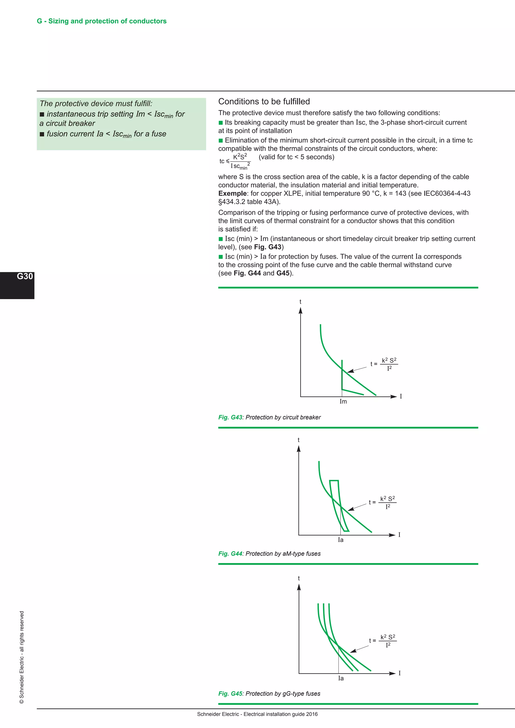 Schneider Electric - Electrical installation guide 2016
G - Sizing and protection of conductors
G30
©SchneiderElectric-allrightsreserved
Conditions to be fulfilled
The protective device must therefore satisfy the two following conditions:
b Its breaking capacity must be greater than Isc, the 3-phase short-circuit current
at its point of installation
b Elimination of the minimum short-circuit current possible in the circuit, in a time tc
compatible with the thermal constraints of the circuit conductors, where:
tc
K S
scmin
y
2 2
2I
(valid for tc  5 seconds)
where S is the cross section area of the cable, k is a factor depending of the cable
conductor material, the insulation material and initial temperature.
Exemple: for copper XLPE, initial temperature 90 °C, k = 143 (see IEC60364-4-43
§434.3.2 table 43A).
Comparison of the tripping or fusing performance curve of protective devices, with
the limit curves of thermal constraint for a conductor shows that this condition
is satisfied if:
b Isc (min)  Im (instantaneous or short timedelay circuit breaker trip setting current
level), (see Fig. G43)
b Isc (min)  Ia for protection by fuses. The value of the current Ia corresponds
to the crossing point of the fuse curve and the cable thermal withstand curve
(see Fig. G44 and G45).
The protective device must fulfill:
b instantaneous trip setting Im  Iscmin for
a circuit breaker
b fusion current Ia  Iscmin for a fuse
Fig. G45: Protection by gG-type fuses
I
t
Im
t =
k2 S2
I2
I
t
Ia
t =
k2 S2
I2
Fig. G43: Protection by circuit breaker
I
t
Ia
t =
k2 S2
I2
Fig. G44: Protection by aM-type fuses
 
