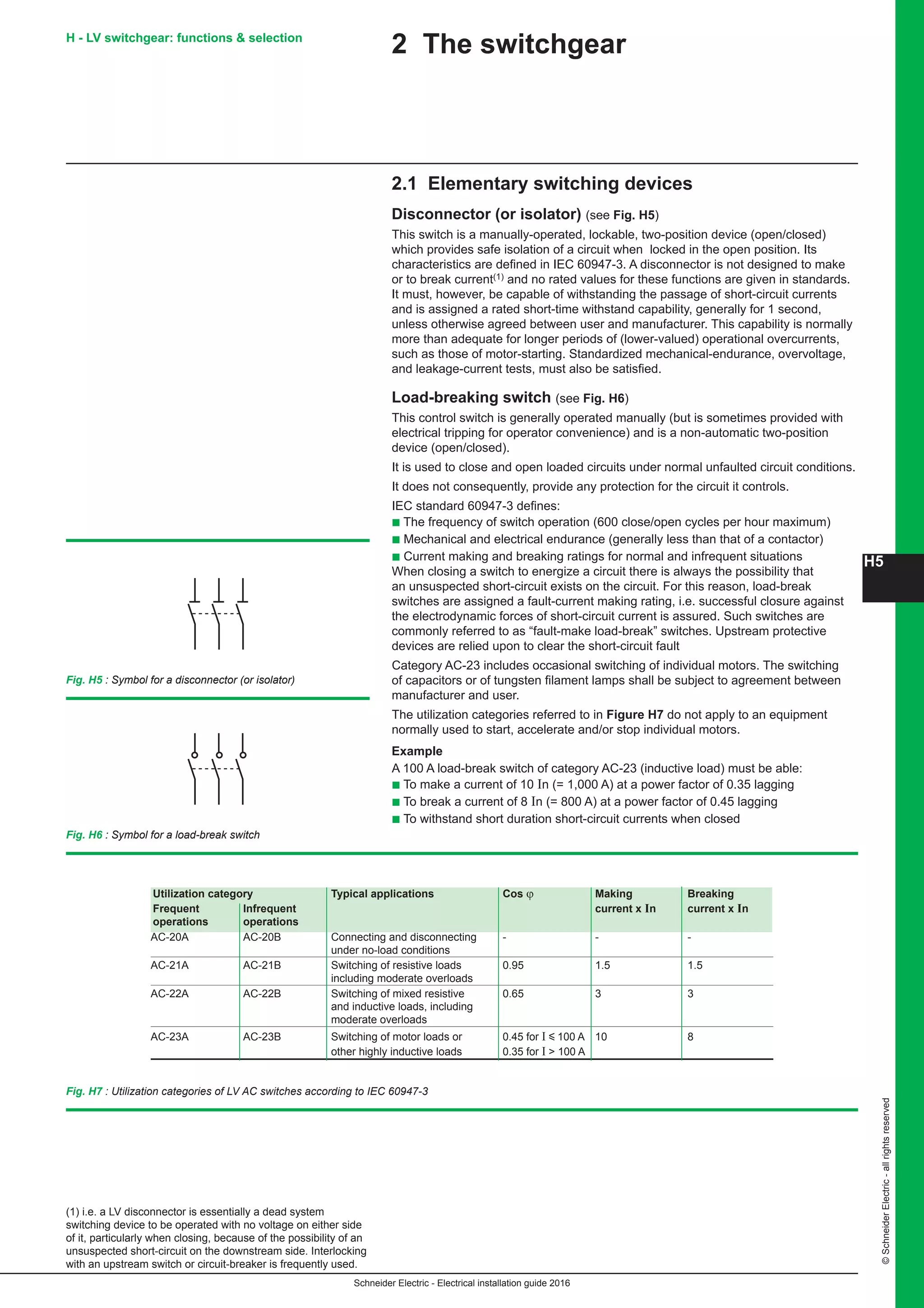 H5
Schneider Electric - Electrical installation guide 2016
©SchneiderElectric-allrightsreserved
2 The switchgear
2.1 Elementary switching devices
Disconnector (or isolator) (see Fig. H5)
This switch is a manually-operated, lockable, two-position device (open/closed)
which provides safe isolation of a circuit when locked in the open position. Its
characteristics are defined in IEC 60947-3. A disconnector is not designed to make
or to break current(1) and no rated values for these functions are given in standards.
It must, however, be capable of withstanding the passage of short-circuit currents
and is assigned a rated short-time withstand capability, generally for 1 second,
unless otherwise agreed between user and manufacturer. This capability is normally
more than adequate for longer periods of (lower-valued) operational overcurrents,
such as those of motor-starting. Standardized mechanical-endurance, overvoltage,
and leakage-current tests, must also be satisfied.
Load-breaking switch (see Fig. H6)
This control switch is generally operated manually (but is sometimes provided with
electrical tripping for operator convenience) and is a non-automatic two-position
device (open/closed).
It is used to close and open loaded circuits under normal unfaulted circuit conditions.
It does not consequently, provide any protection for the circuit it controls.
IEC standard 60947-3 defines:
b The frequency of switch operation (600 close/open cycles per hour maximum)
b Mechanical and electrical endurance (generally less than that of a contactor)
b Current making and breaking ratings for normal and infrequent situations
When closing a switch to energize a circuit there is always the possibility that
an unsuspected short-circuit exists on the circuit. For this reason, load-break
switches are assigned a fault-current making rating, i.e. successful closure against
the electrodynamic forces of short-circuit current is assured. Such switches are
commonly referred to as “fault-make load-break” switches. Upstream protective
devices are relied upon to clear the short-circuit fault
Category AC-23 includes occasional switching of individual motors. The switching
of capacitors or of tungsten filament lamps shall be subject to agreement between
manufacturer and user.
The utilization categories referred to in Figure H7 do not apply to an equipment
normally used to start, accelerate and/or stop individual motors.
Example
A 100 A load-break switch of category AC-23 (inductive load) must be able:
b To make a current of 10 In (= 1,000 A) at a power factor of 0.35 lagging
b To break a current of 8 In (= 800 A) at a power factor of 0.45 lagging
b To withstand short duration short-circuit currents when closed
(1) i.e. a LV disconnector is essentially a dead system
switching device to be operated with no voltage on either side
of it, particularly when closing, because of the possibility of an
unsuspected short-circuit on the downstream side. Interlocking
with an upstream switch or circuit-breaker is frequently used.
Fig. H7 : Utilization categories of LV AC switches according to IEC 60947-3
Fig. H5 : Symbol for a disconnector (or isolator)
Fig. H6 : Symbol for a load-break switch
Utilization category Typical applications Cos ϕ Making Breaking
Frequent Infrequent current x In current x In
operations operations
AC-20A AC-20B Connecting and disconnecting - - -
under no-load conditions
AC-21A AC-21B Switching of resistive loads 0.95 1.5 1.5
including moderate overloads
AC-22A AC-22B Switching of mixed resistive 0.65 3 3
and inductive loads, including
moderate overloads
AC-23A AC-23B Switching of motor loads or 0.45 for I y 100 A 10 8
other highly inductive loads 0.35 for I  100 A 	
H - LV switchgear: functions  selection
 