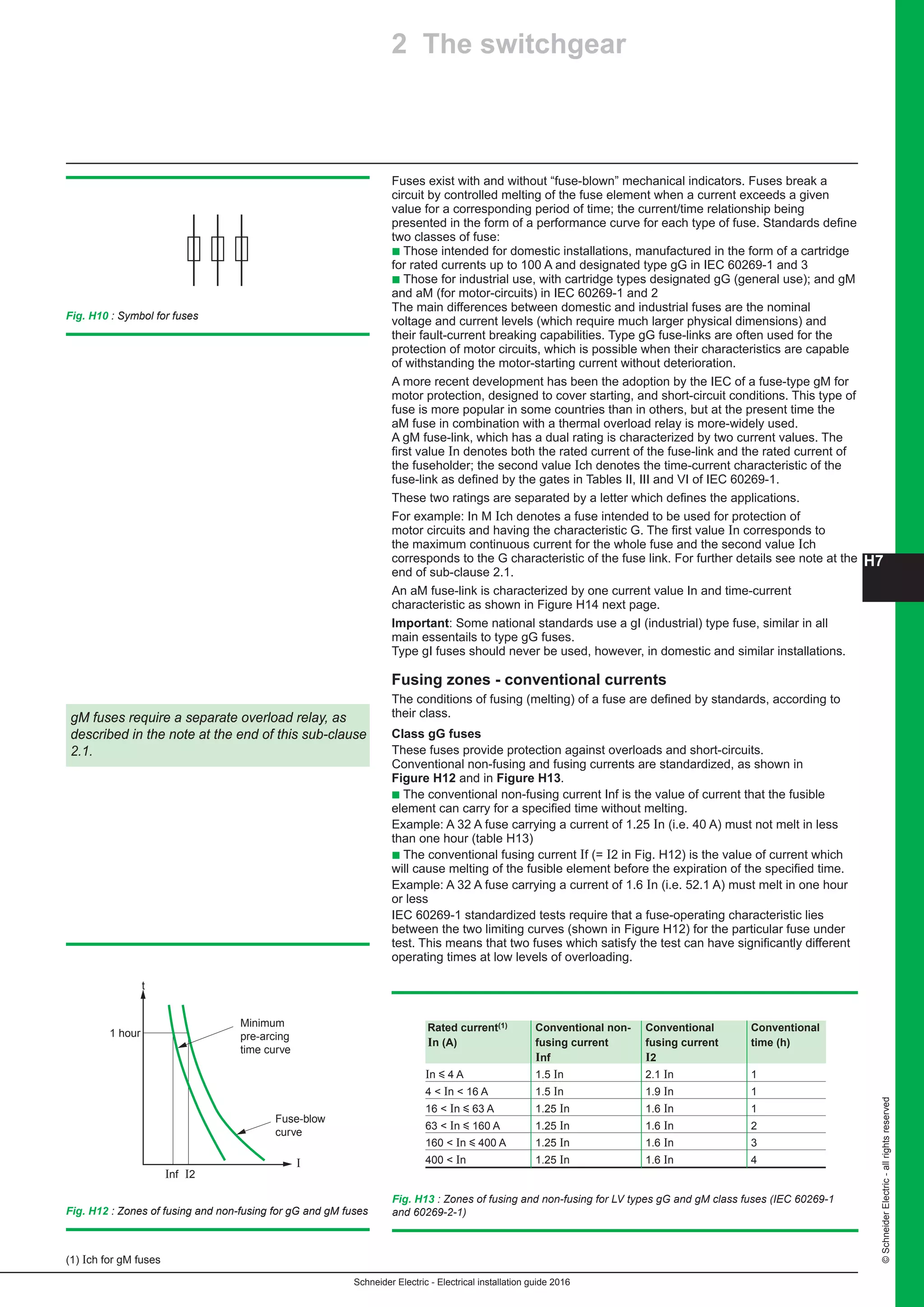 H7
Schneider Electric - Electrical installation guide 2016
©SchneiderElectric-allrightsreserved
Fig. H10 : Symbol for fuses
Fuses exist with and without “fuse-blown” mechanical indicators. Fuses break a
circuit by controlled melting of the fuse element when a current exceeds a given
value for a corresponding period of time; the current/time relationship being
presented in the form of a performance curve for each type of fuse. Standards define
two classes of fuse:
b Those intended for domestic installations, manufactured in the form of a cartridge
for rated currents up to 100 A and designated type gG in IEC 60269-1 and 3
b Those for industrial use, with cartridge types designated gG (general use); and gM
and aM (for motor-circuits) in IEC 60269-1 and 2
The main differences between domestic and industrial fuses are the nominal
voltage and current levels (which require much larger physical dimensions) and
their fault-current breaking capabilities. Type gG fuse-links are often used for the
protection of motor circuits, which is possible when their characteristics are capable
of withstanding the motor-starting current without deterioration.
A more recent development has been the adoption by the IEC of a fuse-type gM for
motor protection, designed to cover starting, and short-circuit conditions. This type of
fuse is more popular in some countries than in others, but at the present time the
aM fuse in combination with a thermal overload relay is more-widely used.
A gM fuse-link, which has a dual rating is characterized by two current values. The
first value In denotes both the rated current of the fuse-link and the rated current of
the fuseholder; the second value Ich denotes the time-current characteristic of the
fuse-link as defined by the gates in Tables II, III and VI of IEC 60269-1.
These two ratings are separated by a letter which defines the applications.
For example: In M Ich denotes a fuse intended to be used for protection of
motor circuits and having the characteristic G. The first value In corresponds to
the maximum continuous current for the whole fuse and the second value Ich
corresponds to the G characteristic of the fuse link. For further details see note at the
end of sub-clause 2.1.
An aM fuse-link is characterized by one current value In and time-current
characteristic as shown in Figure H14 next page.
Important: Some national standards use a gI (industrial) type fuse, similar in all
main essentails to type gG fuses.
Type gI fuses should never be used, however, in domestic and similar installations.
Fusing zones - conventional currents
The conditions of fusing (melting) of a fuse are defined by standards, according to
their class.
Class gG fuses
These fuses provide protection against overloads and short-circuits.
Conventional non-fusing and fusing currents are standardized, as shown in
Figure H12 and in Figure H13.
b The conventional non-fusing current Inf is the value of current that the fusible
element can carry for a specified time without melting.
Example: A 32 A fuse carrying a current of 1.25 In (i.e. 40 A) must not melt in less
than one hour (table H13)
b The conventional fusing current If (= I2 in Fig. H12) is the value of current which
will cause melting of the fusible element before the expiration of the specified time.
Example: A 32 A fuse carrying a current of 1.6 In (i.e. 52.1 A) must melt in one hour
or less
IEC 60269-1 standardized tests require that a fuse-operating characteristic lies
between the two limiting curves (shown in Figure H12) for the particular fuse under
test. This means that two fuses which satisfy the test can have significantly different
operating times at low levels of overloading.
2 The switchgear
gM fuses require a separate overload relay, as
described in the note at the end of this sub-clause
2.1.
Fig. H13 : Zones of fusing and non-fusing for LV types gG and gM class fuses (IEC 60269-1
and 60269-2-1)
Rated current(1) Conventional non- Conventional Conventional
In (A) fusing current fusing current time (h)
Inf I2
In y 4 A 1.5 In 2.1 In 1
4  In  16 A 1.5 In 1.9 In 1
16  In y 63 A 1.25 In 1.6 In 1
63  In y 160 A 1.25 In 1.6 In 2
160  In y 400 A 1.25 In 1.6 In 3
400  In 1.25 In 1.6 In 4
1 hour
t
Minimum
pre-arcing
time curve
Fuse-blow
curve
I
Inf I2
Fig. H12 : Zones of fusing and non-fusing for gG and gM fuses
(1) Ich for gM fuses
 