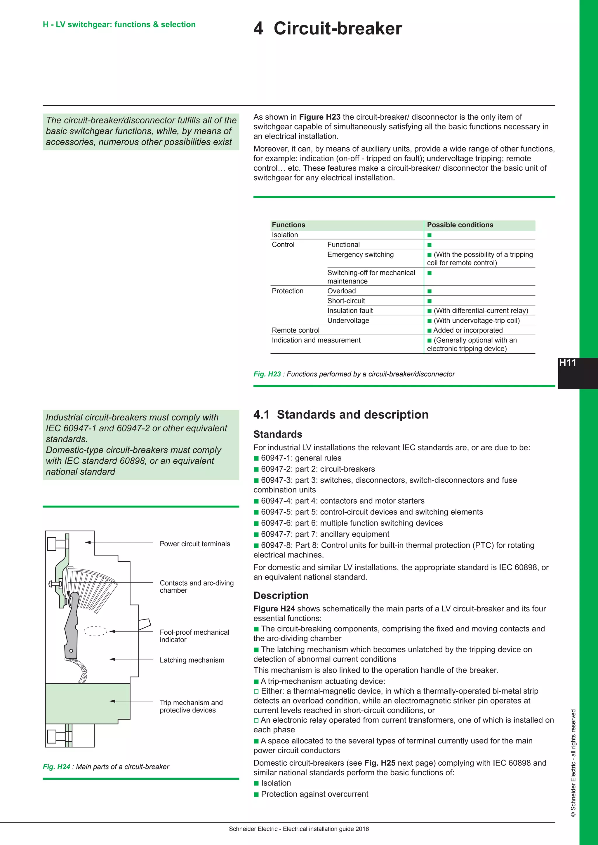 H11
Schneider Electric - Electrical installation guide 2016
©SchneiderElectric-allrightsreserved
4 Circuit-breaker
The circuit-breaker/disconnector fulfills all of the
basic switchgear functions, while, by means of
accessories, numerous other possibilities exist
As shown in Figure H23 the circuit-breaker/ disconnector is the only item of
switchgear capable of simultaneously satisfying all the basic functions necessary in
an electrical installation.
Moreover, it can, by means of auxiliary units, provide a wide range of other functions,
for example: indication (on-off - tripped on fault); undervoltage tripping; remote
control… etc. These features make a circuit-breaker/ disconnector the basic unit of
switchgear for any electrical installation.
Fig. H23 : Functions performed by a circuit-breaker/disconnector
4.1 Standards and description
Standards
For industrial LV installations the relevant IEC standards are, or are due to be:
b 60947-1: general rules
b 60947-2: part 2: circuit-breakers
b 60947-3: part 3: switches, disconnectors, switch-disconnectors and fuse
combination units
b 60947-4: part 4: contactors and motor starters
b 60947-5: part 5: control-circuit devices and switching elements
b 60947-6: part 6: multiple function switching devices
b 60947-7: part 7: ancillary equipment
b 60947-8: Part 8: Control units for built-in thermal protection (PTC) for rotating
electrical machines.
For domestic and similar LV installations, the appropriate standard is IEC 60898, or
an equivalent national standard.
Description
Figure H24 shows schematically the main parts of a LV circuit-breaker and its four
essential functions:
b The circuit-breaking components, comprising the fixed and moving contacts and
the arc-dividing chamber
b The latching mechanism which becomes unlatched by the tripping device on
detection of abnormal current conditions
This mechanism is also linked to the operation handle of the breaker.
b A trip-mechanism actuating device:
v Either: a thermal-magnetic device, in which a thermally-operated bi-metal strip
detects an overload condition, while an electromagnetic striker pin operates at
current levels reached in short-circuit conditions, or
v An electronic relay operated from current transformers, one of which is installed on
each phase
b A space allocated to the several types of terminal currently used for the main
power circuit conductors
Domestic circuit-breakers (see Fig. H25 next page) complying with IEC 60898 and
similar national standards perform the basic functions of:
b Isolation
b Protection against overcurrent
Power circuit terminals
Trip mechanism and
protective devices
Latching mechanism
Contacts and arc-diving
chamber
Fool-proof mechanical
indicator
Fig. H24 : Main parts of a circuit-breaker
Industrial circuit-breakers must comply with
IEC 60947-1 and 60947-2 or other equivalent
standards.
Domestic-type circuit-breakers must comply
with IEC standard 60898, or an equivalent
national standard
Functions Possible conditions
Isolation b
Control Functional b
Emergency switching b (With the possibility of a tripping
coil for remote control)
Switching-off for mechanical b
maintenance
Protection Overload b
Short-circuit b
Insulation fault b (With differential-current relay)
Undervoltage b (With undervoltage-trip coil)	
Remote control b Added or incorporated
Indication and measurement b (Generally optional with an
electronic tripping device)
H - LV switchgear: functions  selection
 