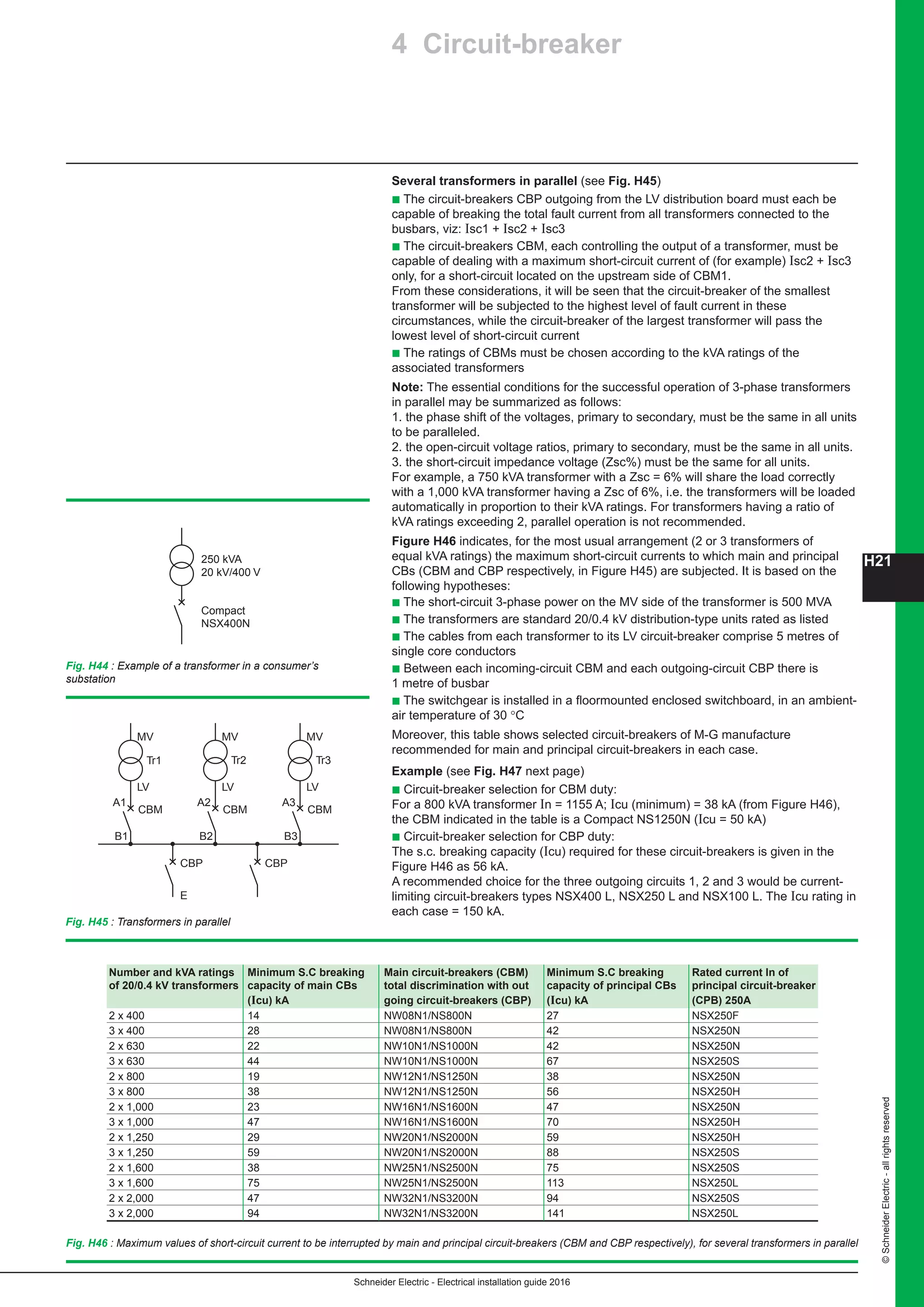 H21
Schneider Electric - Electrical installation guide 2016
©SchneiderElectric-allrightsreserved
Several transformers in parallel (see Fig. H45)
b The circuit-breakers CBP outgoing from the LV distribution board must each be
capable of breaking the total fault current from all transformers connected to the
busbars, viz: Isc1 + Isc2 + Isc3
b The circuit-breakers CBM, each controlling the output of a transformer, must be
capable of dealing with a maximum short-circuit current of (for example) Isc2 + Isc3
only, for a short-circuit located on the upstream side of CBM1.
From these considerations, it will be seen that the circuit-breaker of the smallest
transformer will be subjected to the highest level of fault current in these
circumstances, while the circuit-breaker of the largest transformer will pass the
lowest level of short-circuit current
b The ratings of CBMs must be chosen according to the kVA ratings of the
associated transformers
Note: The essential conditions for the successful operation of 3-phase transformers
in parallel may be summarized as follows:
1. the phase shift of the voltages, primary to secondary, must be the same in all units
to be paralleled.
2. the open-circuit voltage ratios, primary to secondary, must be the same in all units.
3. the short-circuit impedance voltage (Zsc%) must be the same for all units.
For example, a 750 kVA transformer with a Zsc = 6% will share the load correctly
with a 1,000 kVA transformer having a Zsc of 6%, i.e. the transformers will be loaded
automatically in proportion to their kVA ratings. For transformers having a ratio of
kVA ratings exceeding 2, parallel operation is not recommended.
Figure H46 indicates, for the most usual arrangement (2 or 3 transformers of
equal kVA ratings) the maximum short-circuit currents to which main and principal
CBs (CBM and CBP respectively, in Figure H45) are subjected. It is based on the
following hypotheses:
b The short-circuit 3-phase power on the MV side of the transformer is 500 MVA
b The transformers are standard 20/0.4 kV distribution-type units rated as listed
b The cables from each transformer to its LV circuit-breaker comprise 5 metres of
single core conductors
b Between each incoming-circuit CBM and each outgoing-circuit CBP there is
1 metre of busbar
b The switchgear is installed in a floormounted enclosed switchboard, in an ambient-
air temperature of 30 °C
Moreover, this table shows selected circuit-breakers of M-G manufacture
recommended for main and principal circuit-breakers in each case.
Example (see Fig. H47 next page)
b Circuit-breaker selection for CBM duty:
For a 800 kVA transformer In = 1155 A; Icu (minimum) = 38 kA (from Figure H46),
the CBM indicated in the table is a Compact NS1250N (Icu = 50 kA)
b Circuit-breaker selection for CBP duty:
The s.c. breaking capacity (Icu) required for these circuit-breakers is given in the
Figure H46 as 56 kA.
A recommended choice for the three outgoing circuits 1, 2 and 3 would be current-
limiting circuit-breakers types NSX400 L, NSX250 L and NSX100 L. The Icu rating in
each case = 150 kA.
Compact
NSX400N
250 kVA
20 kV/400 V
MV
Tr1
LV
CBM
A1
B1
CBP
MV
Tr2
LV
CBM
A2
B2
CBP
MV
Tr3
LV
CBM
A3
B3
E
Fig. H44 : Example of a transformer in a consumer’s
substation
Fig. H45 : Transformers in parallel
4 Circuit-breaker
Fig. H46 : Maximum values of short-circuit current to be interrupted by main and principal circuit-breakers (CBM and CBP respectively), for several transformers in parallel
Number and kVA ratings Minimum S.C breaking Main circuit-breakers (CBM) Minimum S.C breaking Rated current In of
of 20/0.4 kV transformers capacity of main CBs total discrimination with out capacity of principal CBs principal circuit-breaker
(Icu) kA going circuit-breakers (CBP) (Icu) kA (CPB) 250A	
2 x 400 14 NW08N1/NS800N 27 NSX250F	
3 x 400 28 NW08N1/NS800N 42 NSX250N	
2 x 630 22 NW10N1/NS1000N 42 NSX250N	
3 x 630 44 NW10N1/NS1000N 67 NSX250S	
2 x 800 19 NW12N1/NS1250N 38 NSX250N	
3 x 800 38 NW12N1/NS1250N 56 NSX250H	
2 x 1,000 23 NW16N1/NS1600N 47 NSX250N	
3 x 1,000 47 NW16N1/NS1600N 70 NSX250H	
2 x 1,250 29 NW20N1/NS2000N 59 NSX250H	
3 x 1,250 59 NW20N1/NS2000N 88 NSX250S	
2 x 1,600 38 NW25N1/NS2500N 75 NSX250S	
3 x 1,600 75 NW25N1/NS2500N 113 NSX250L	
2 x 2,000 47 NW32N1/NS3200N 94 NSX250S	
3 x 2,000 94 NW32N1/NS3200N 141 NSX250L	
 