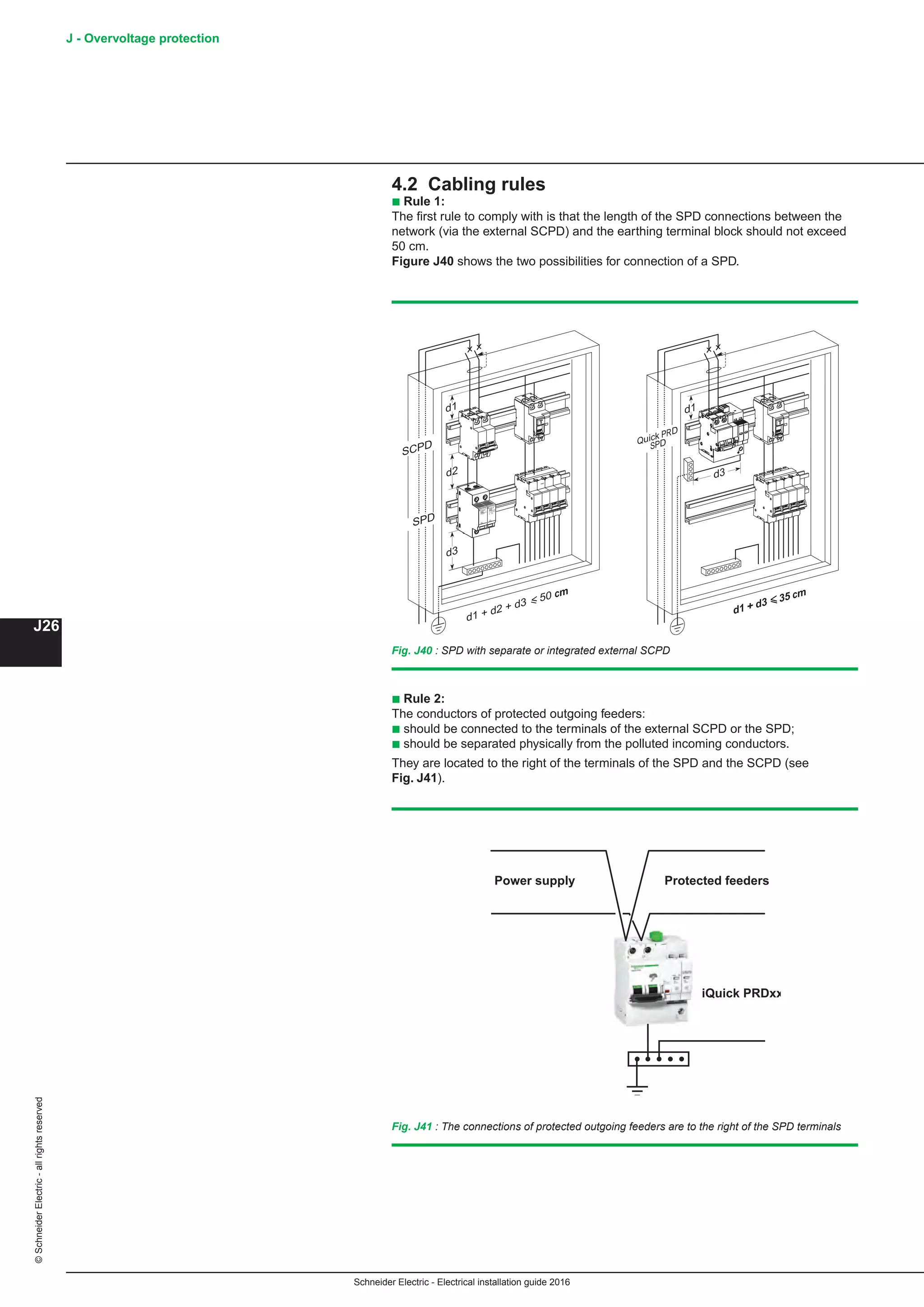 Schneider Electric - Electrical installation guide 2016
J - Overvoltage protection
J26
©SchneiderElectric-allrightsreserved
4.2 Cabling rules
b Rule 1:
The first rule to comply with is that the length of the SPD connections between the
network (via the external SCPD) and the earthing terminal block should not exceed
50 cm.
Figure J40 shows the two possibilities for connection of a SPD.
Fig. J40 : SPD with separate or integrated external SCPD
Imax:
65kA
(8/20)
In: 20kA
(8/20)
Up:
1,5kV
Uc:
340Va
d1
d2
d3
d1 + d2 + d3  50 cm
SCPD
SPD
d1
d3
d1 + d3 35 cm
SPDQuick PRD
b Rule 2:
The conductors of protected outgoing feeders:
b should be connected to the terminals of the external SCPD or the SPD;
b should be separated physically from the polluted incoming conductors.
They are located to the right of the terminals of the SPD and the SCPD (see
Fig. J41).
Fig. J41 : The connections of protected outgoing feeders are to the right of the SPD terminals
iQuick PRDxx
Protected feedersPower supply
 