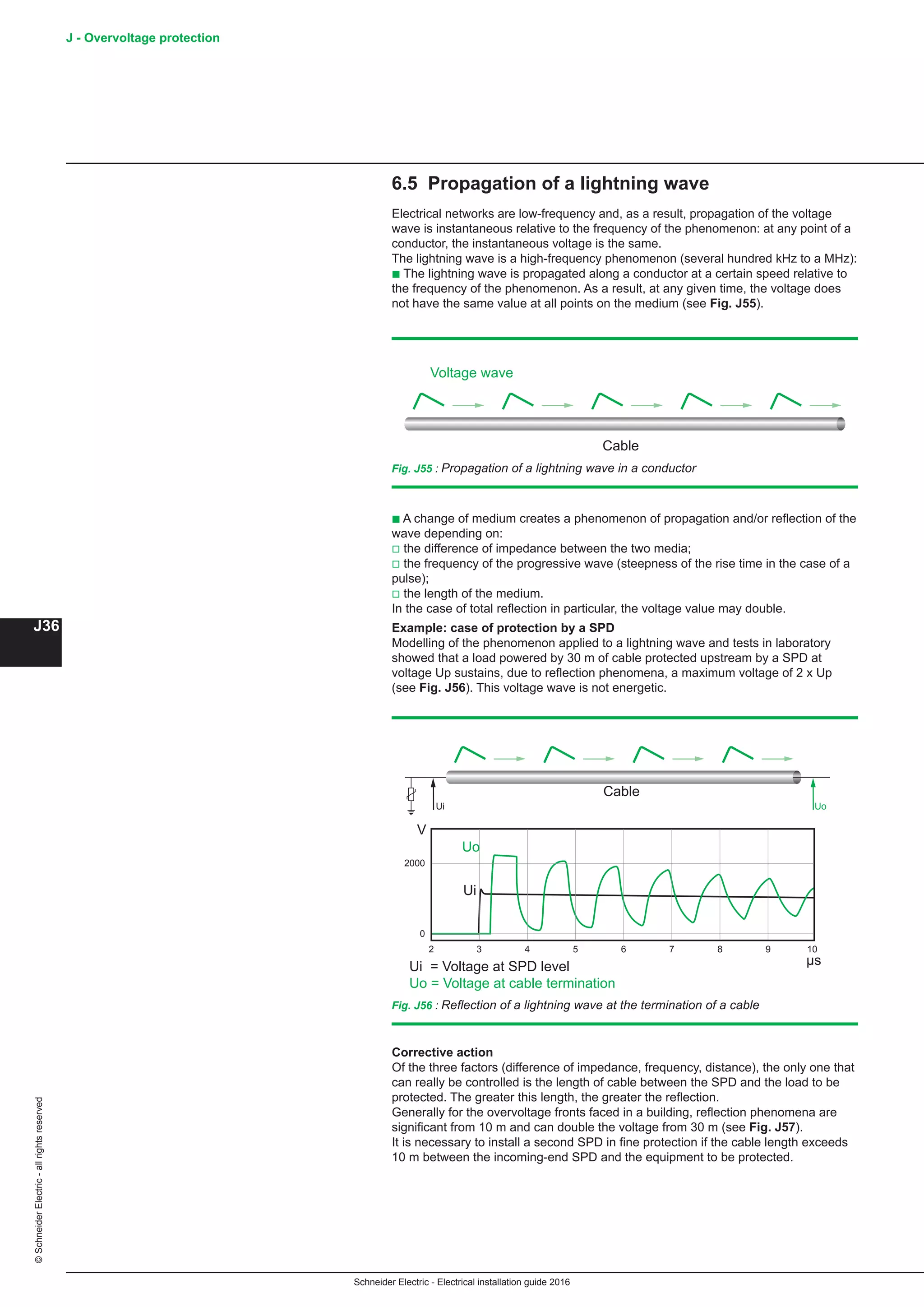 Schneider Electric - Electrical installation guide 2016
J - Overvoltage protection
J36
©SchneiderElectric-allrightsreserved
6.5 Propagation of a lightning wave
Electrical networks are low-frequency and, as a result, propagation of the voltage
wave is instantaneous relative to the frequency of the phenomenon: at any point of a
conductor, the instantaneous voltage is the same.
The lightning wave is a high-frequency phenomenon (several hundred kHz to a MHz):
b The lightning wave is propagated along a conductor at a certain speed relative to
the frequency of the phenomenon. As a result, at any given time, the voltage does
not have the same value at all points on the medium (see Fig. J55).
Fig. J55 : Propagation of a lightning wave in a conductor
Cable
Voltage wave
b A change of medium creates a phenomenon of propagation and/or reflection of the
wave depending on:
v the difference of impedance between the two media;
v the frequency of the progressive wave (steepness of the rise time in the case of a
pulse);
v the length of the medium.
In the case of total reflection in particular, the voltage value may double.
Example: case of protection by a SPD
Modelling of the phenomenon applied to a lightning wave and tests in laboratory
showed that a load powered by 30 m of cable protected upstream by a SPD at
voltage Up sustains, due to reflection phenomena, a maximum voltage of 2 x Up
(see Fig. J56). This voltage wave is not energetic.
Fig. J56 : Reflection of a lightning wave at the termination of a cable
Ui Uo
2000
0
32 4 5 6 7 8 9 10
Cable
Ui = Voltage at SPD level
Uo = Voltage at cable termination
Ui
Uo
V
µs
Corrective action
Of the three factors (difference of impedance, frequency, distance), the only one that
can really be controlled is the length of cable between the SPD and the load to be
protected. The greater this length, the greater the reflection.
Generally for the overvoltage fronts faced in a building, reflection phenomena are
significant from 10 m and can double the voltage from 30 m (see Fig. J57).
It is necessary to install a second SPD in fine protection if the cable length exceeds
10 m between the incoming-end SPD and the equipment to be protected.
 