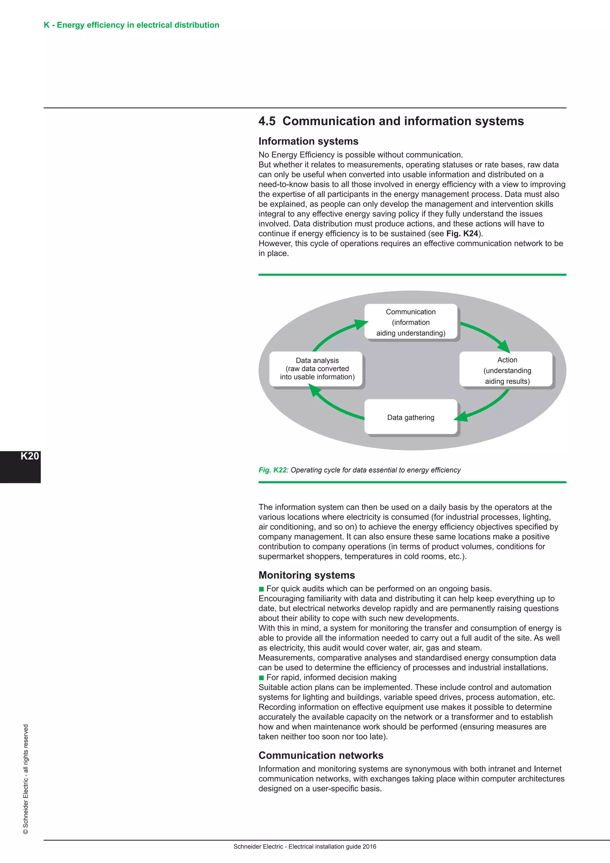 K - Energy efficiency in electrical distribution
K20
Schneider Electric - Electrical installation guide 2016
©SchneiderElectric-allrightsreserved
4.5 Communication and information systems
Information systems
No Energy Efficiency is possible without communication.
But whether it relates to measurements, operating statuses or rate bases, raw data
can only be useful when converted into usable information and distributed on a
need-to-know basis to all those involved in energy efficiency with a view to improving
the expertise of all participants in the energy management process. Data must also
be explained, as people can only develop the management and intervention skills
integral to any effective energy saving policy if they fully understand the issues
involved. Data distribution must produce actions, and these actions will have to
continue if energy efficiency is to be sustained (see Fig. K24).
However, this cycle of operations requires an effective communication network to be
in place.
Fig. K22: Operating cycle for data essential to energy efficiency
Data analysis
(raw data converted
into usable information)
Action
(understanding
aiding results)
Communication
(information
aiding understanding)
Data gathering
The information system can then be used on a daily basis by the operators at the
various locations where electricity is consumed (for industrial processes, lighting,
air conditioning, and so on) to achieve the energy efficiency objectives specified by
company management. It can also ensure these same locations make a positive
contribution to company operations (in terms of product volumes, conditions for
supermarket shoppers, temperatures in cold rooms, etc.).
Monitoring systems
b For quick audits which can be performed on an ongoing basis.
Encouraging familiarity with data and distributing it can help keep everything up to
date, but electrical networks develop rapidly and are permanently raising questions
about their ability to cope with such new developments.
With this in mind, a system for monitoring the transfer and consumption of energy is
able to provide all the information needed to carry out a full audit of the site. As well
as electricity, this audit would cover water, air, gas and steam.
Measurements, comparative analyses and standardised energy consumption data
can be used to determine the efficiency of processes and industrial installations.
b For rapid, informed decision making
Suitable action plans can be implemented. These include control and automation
systems for lighting and buildings, variable speed drives, process automation, etc.
Recording information on effective equipment use makes it possible to determine
accurately the available capacity on the network or a transformer and to establish
how and when maintenance work should be performed (ensuring measures are
taken neither too soon nor too late).
Communication networks
Information and monitoring systems are synonymous with both intranet and Internet
communication networks, with exchanges taking place within computer architectures
designed on a user-specific basis.
 