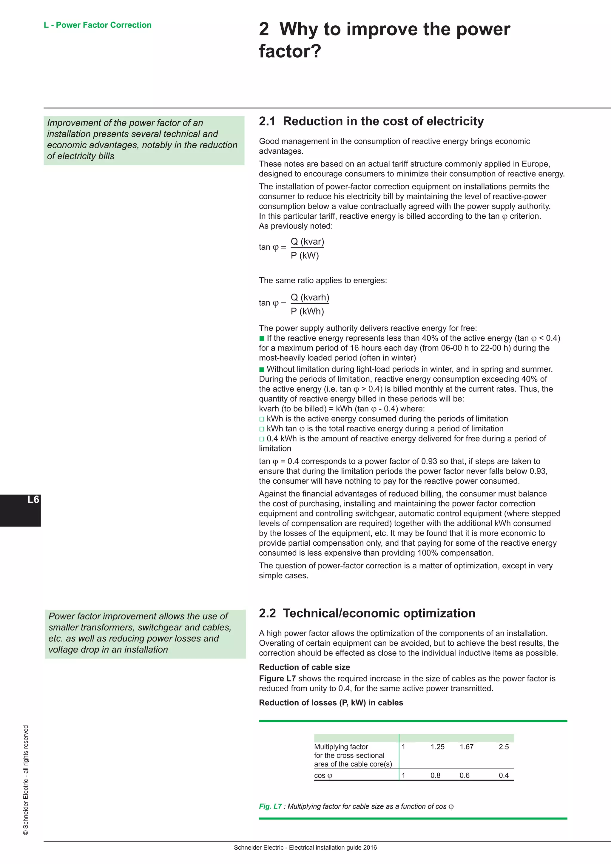 Schneider Electric - Electrical installation guide 2016
L - Power Factor Correction
L6
©SchneiderElectric-allrightsreserved L - Power Factor Correction
2.1 Reduction in the cost of electricity
Good management in the consumption of reactive energy brings economic
advantages.
These notes are based on an actual tariff structure commonly applied in Europe,
designed to encourage consumers to minimize their consumption of reactive energy.
The installation of power-factor correction equipment on installations permits the
consumer to reduce his electricity bill by maintaining the level of reactive-power
consumption below a value contractually agreed with the power supply authority.
In this particular tariff, reactive energy is billed according to the tan ϕ criterion.
As previously noted:
tan ϕ =
Q (kvar)
	
P (kW)
The same ratio applies to energies:
tan ϕ =
Q (kvarh)
	
P (kWh)
The power supply authority delivers reactive energy for free:
b If the reactive energy represents less than 40% of the active energy (tan ϕ  0.4)
for a maximum period of 16 hours each day (from 06-00 h to 22-00 h) during the
most-heavily loaded period (often in winter)
b Without limitation during light-load periods in winter, and in spring and summer.
During the periods of limitation, reactive energy consumption exceeding 40% of
the active energy (i.e. tan ϕ  0.4) is billed monthly at the current rates. Thus, the
quantity of reactive energy billed in these periods will be:
kvarh (to be billed) = kWh (tan ϕ - 0.4) where:
v kWh is the active energy consumed during the periods of limitation
v kWh tan ϕ is the total reactive energy during a period of limitation
v 0.4 kWh is the amount of reactive energy delivered for free during a period of
limitation
tan ϕ = 0.4 corresponds to a power factor of 0.93 so that, if steps are taken to
ensure that during the limitation periods the power factor never falls below 0.93,
the consumer will have nothing to pay for the reactive power consumed.
Against the financial advantages of reduced billing, the consumer must balance
the cost of purchasing, installing and maintaining the power factor correction
equipment and controlling switchgear, automatic control equipment (where stepped
levels of compensation are required) together with the additional kWh consumed
by the losses of the equipment, etc. It may be found that it is more economic to
provide partial compensation only, and that paying for some of the reactive energy
consumed is less expensive than providing 100% compensation.
The question of power-factor correction is a matter of optimization, except in very
simple cases.
2.2 Technical/economic optimization
A high power factor allows the optimization of the components of an installation.
Overating of certain equipment can be avoided, but to achieve the best results, the
correction should be effected as close to the individual inductive items as possible.
Reduction of cable size
Figure L7 shows the required increase in the size of cables as the power factor is
reduced from unity to 0.4, for the same active power transmitted.
Reduction of losses (P, kW) in cables
Improvement of the power factor of an
installation presents several technical and
economic advantages, notably in the reduction
of electricity bills
2 Why to improve the power
factor?
Power factor improvement allows the use of
smaller transformers, switchgear and cables,
etc. as well as reducing power losses and
voltage drop in an installation
Fig. L7 : Multiplying factor for cable size as a function of cos ϕ
Multiplying factor 1 1.25 1.67 	 2.5
for the cross-sectional
area of the cable core(s)
cos ϕ 1 0.8 0.6 	 0.4
 