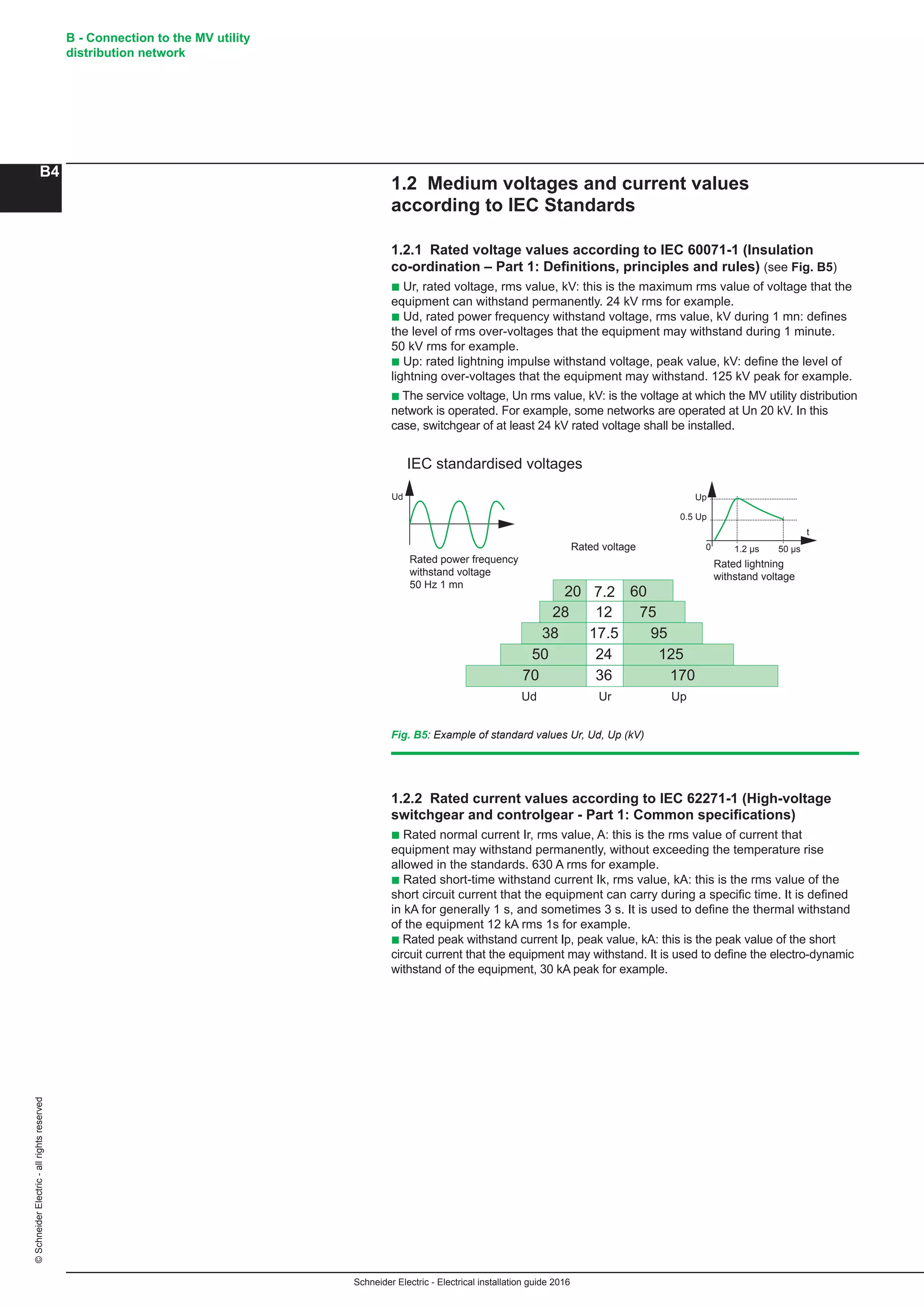 Schneider Electric - Electrical installation guide 2016
B - Connection to the MV utility
distribution network
B4
©SchneiderElectric-allrightsreserved
1.2 Medium voltages and current values
according to IEC Standards
1.2.1 Rated voltage values according to IEC 60071-1 (Insulation
co-ordination – Part 1: Definitions, principles and rules) (see Fig. B5)
b Ur, rated voltage, rms value, kV: this is the maximum rms value of voltage that the
equipment can withstand permanently. 24 kV rms for example.
b Ud, rated power frequency withstand voltage, rms value, kV during 1 mn: defines
the level of rms over-voltages that the equipment may withstand during 1 minute.
50 kV rms for example.
b Up: rated lightning impulse withstand voltage, peak value, kV: define the level of
lightning over-voltages that the equipment may withstand. 125 kV peak for example.
b The service voltage, Un rms value, kV: is the voltage at which the MV utility distribution
network is operated. For example, some networks are operated at Un 20 kV. In this
case, switchgear of at least 24 kV rated voltage shall be installed.
1.2.2 Rated current values according to IEC 62271-1 (High-voltage
switchgear and controlgear - Part 1: Common specifications)
b Rated normal current Ir, rms value, A: this is the rms value of current that
equipment may withstand permanently, without exceeding the temperature rise
allowed in the standards. 630 A rms for example.
b Rated short-time withstand current Ik, rms value, kA: this is the rms value of the
short circuit current that the equipment can carry during a specific time. It is defined
in kA for generally 1 s, and sometimes 3 s. It is used to define the thermal withstand
of the equipment 12 kA rms 1s for example.
b Rated peak withstand current Ip, peak value, kA: this is the peak value of the short
circuit current that the equipment may withstand. It is used to define the electro-dynamic
withstand of the equipment, 30 kA peak for example.
Fig. B5: Example of standard values Ur, Ud, Up (kV)
IEC standardised voltages
Rated voltage
Rated power frequency
withstand voltage
50 Hz 1 mn
Rated lightning
withstand voltage
7.2
12
17.5
24
36
20 60
28 75
38 95
50 125
70 170
t
Up
0.5 Up
0 1.2 µs 50 µs
Ud Ur Up
Ud
 