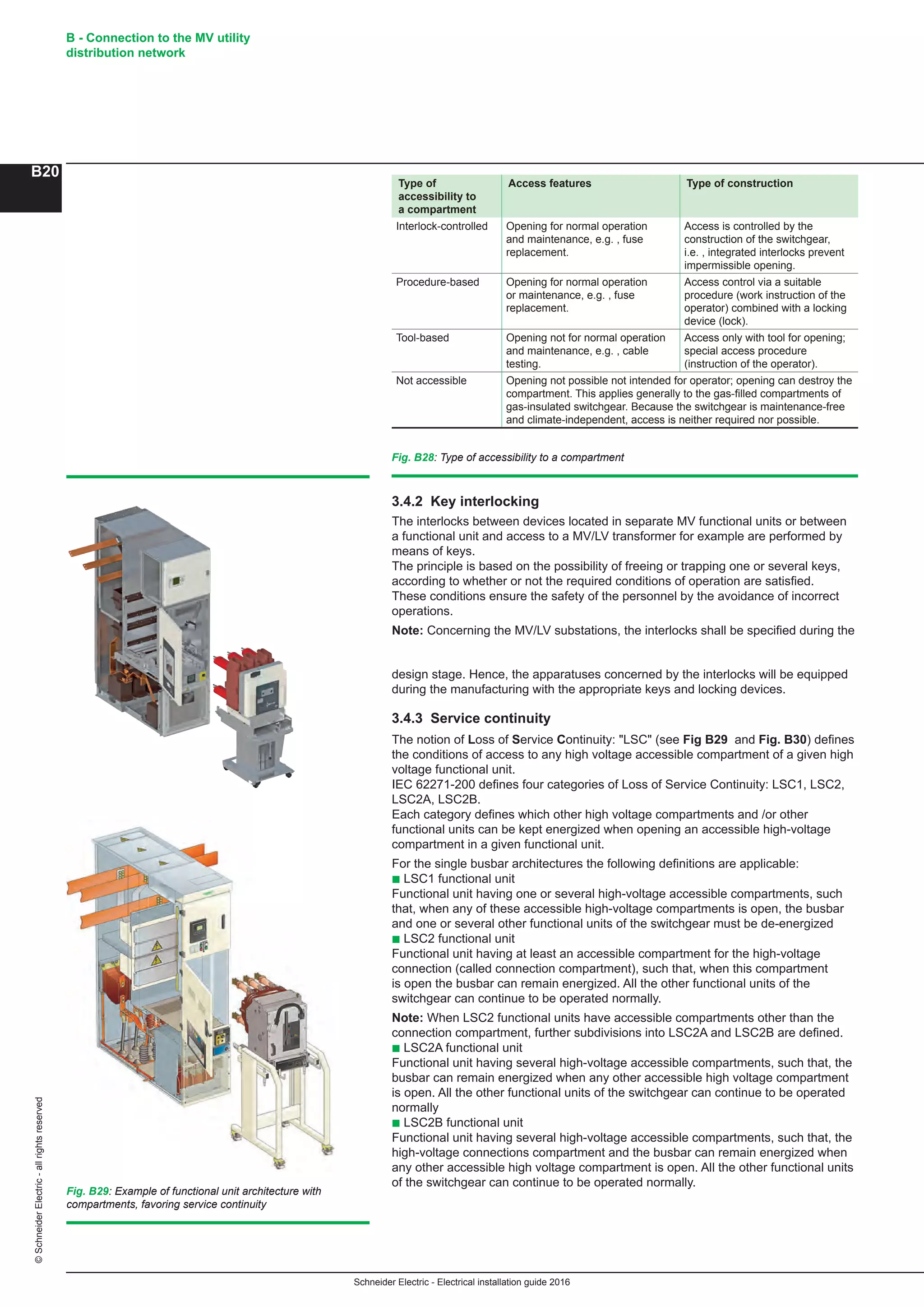 Schneider Electric - Electrical installation guide 2016
B - Connection to the MV utility
distribution network
B20
©SchneiderElectric-allrightsreserved
design stage. Hence, the apparatuses concerned by the interlocks will be equipped
during the manufacturing with the appropriate keys and locking devices.
3.4.3 Service continuity
The notion of Loss of Service Continuity: "LSC" (see Fig B29 and Fig. B30) defines
the conditions of access to any high voltage accessible compartment of a given high
voltage functional unit.
IEC 62271-200 defines four categories of Loss of Service Continuity: LSC1, LSC2,
LSC2A, LSC2B.
Each category defines which other high voltage compartments and /or other
functional units can be kept energized when opening an accessible high-voltage
compartment in a given functional unit.
For the single busbar architectures the following definitions are applicable:
b LSC1 functional unit
Functional unit having one or several high-voltage accessible compartments, such
that, when any of these accessible high-voltage compartments is open, the busbar
and one or several other functional units of the switchgear must be de-energized
b LSC2 functional unit
Functional unit having at least an accessible compartment for the high-voltage
connection (called connection compartment), such that, when this compartment
is open the busbar can remain energized. All the other functional units of the
switchgear can continue to be operated normally.
Note: When LSC2 functional units have accessible compartments other than the
connection compartment, further subdivisions into LSC2A and LSC2B are defined.
b LSC2A functional unit
Functional unit having several high-voltage accessible compartments, such that, the
busbar can remain energized when any other accessible high voltage compartment
is open. All the other functional units of the switchgear can continue to be operated
normally
b LSC2B functional unit
Functional unit having several high-voltage accessible compartments, such that, the
high-voltage connections compartment and the busbar can remain energized when
any other accessible high voltage compartment is open. All the other functional units
of the switchgear can continue to be operated normally.
Fig. B28: Type of accessibility to a compartment
Type of
accessibility to
a compartment
Access features Type of construction
Interlock-controlled Opening for normal operation
and maintenance, e.g. , fuse
replacement.
Access is controlled by the
construction of the switchgear,
i.e. , integrated interlocks prevent
impermissible opening.
Procedure-based Opening for normal operation
or maintenance, e.g. , fuse
replacement.
Access control via a suitable
procedure (work instruction of the
operator) combined with a locking
device (lock).
Tool-based Opening not for normal operation
and maintenance, e.g. , cable
testing.
Access only with tool for opening;
special access procedure
(instruction of the operator).
Not accessible Opening not possible not intended for operator; opening can destroy the
compartment. This applies generally to the gas-filled compartments of
gas-insulated switchgear. Because the switchgear is maintenance-free
and climate-independent, access is neither required nor possible.
Fig. B29: Example of functional unit architecture with
compartments, favoring service continuity
3.4.2 Key interlocking
The interlocks between devices located in separate MV functional units or between
a functional unit and access to a MV/LV transformer for example are performed by
means of keys.
The principle is based on the possibility of freeing or trapping one or several keys,
according to whether or not the required conditions of operation are satisfied.
These conditions ensure the safety of the personnel by the avoidance of incorrect
operations.
Note: Concerning the MV/LV substations, the interlocks shall be specified during the
 